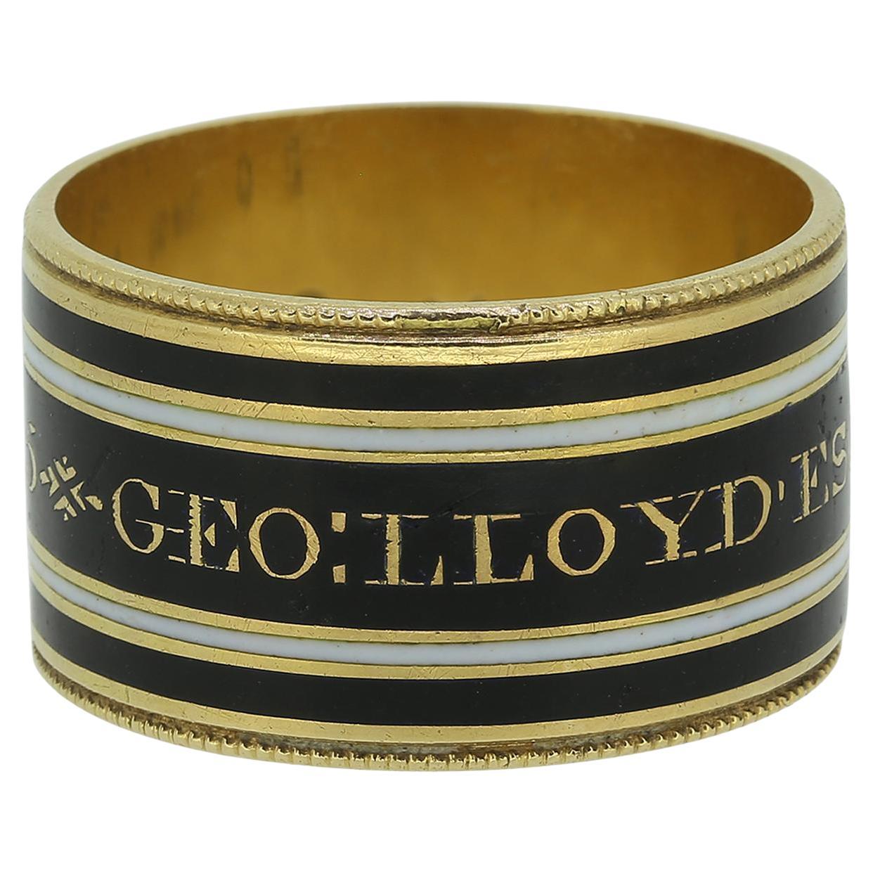 Bague de deuil en émail noir et blanc de style géorgien des années 1800 Taille L (51.5)