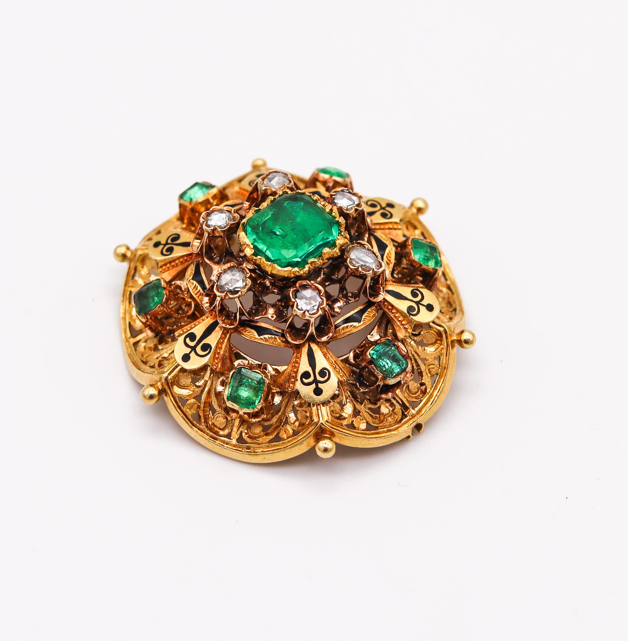 Georgian 1810 Antique Convertible Brooch 18Kt Gold 6.48 Ctw in Emeralds Diamonds For Sale 9