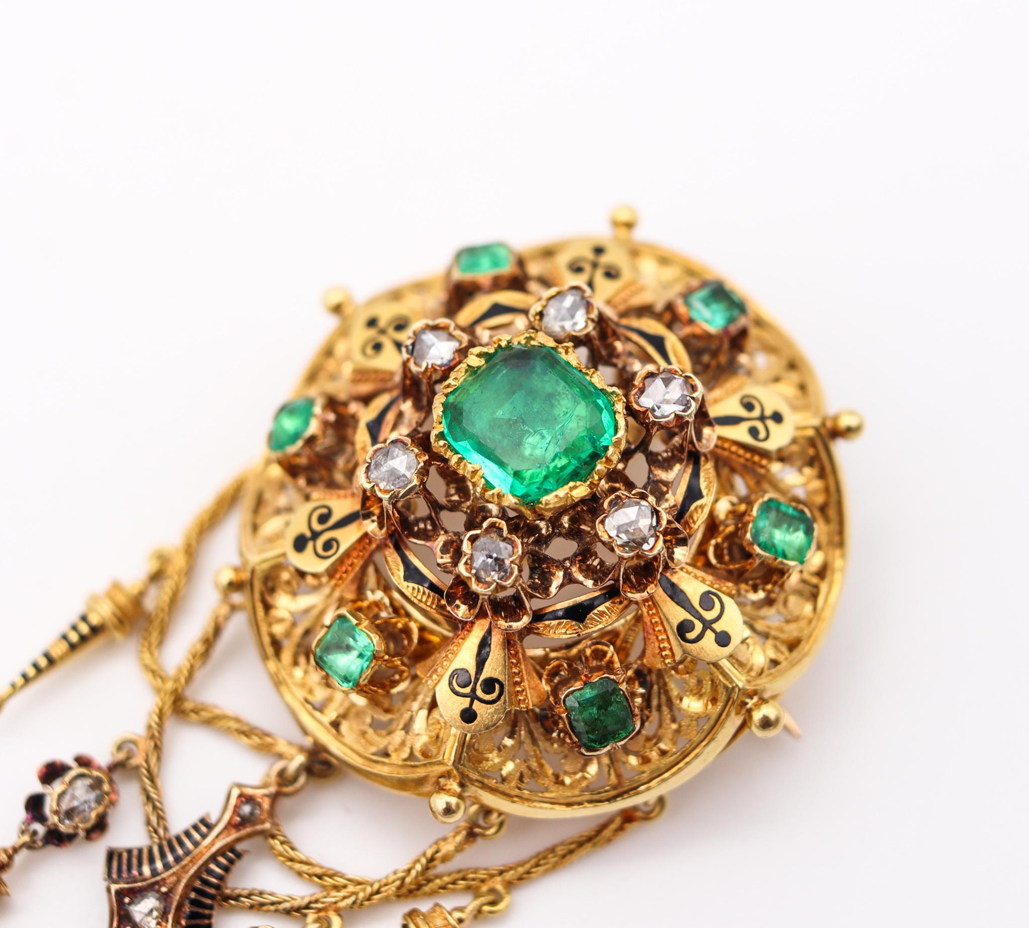 Georgian 1810 Antique Convertible Brooch 18Kt Gold 6.48 Ctw in Emeralds Diamonds In Excellent Condition For Sale In Miami, FL