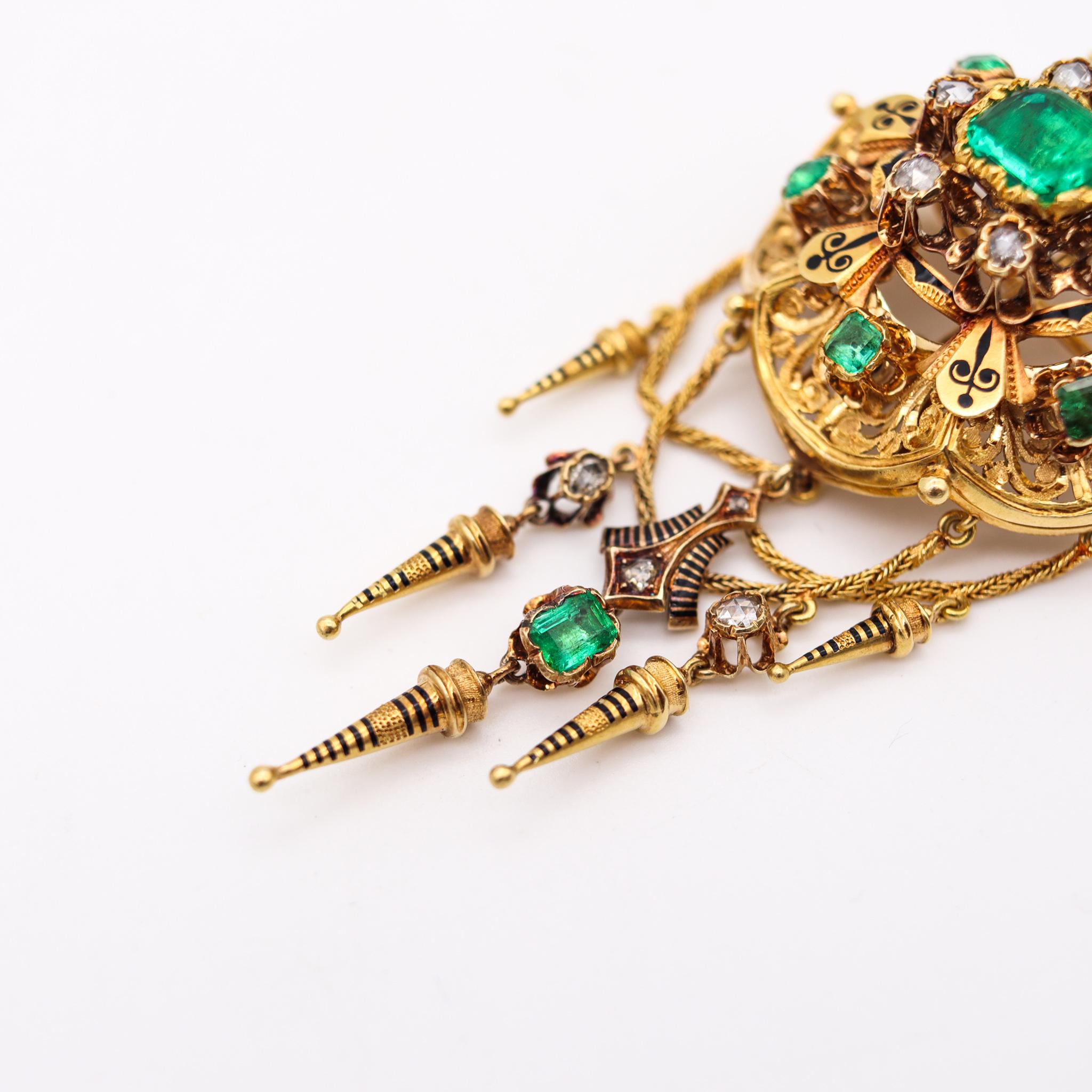 Women's Georgian 1810 Antique Convertible Brooch 18Kt Gold 6.48 Ctw in Emeralds Diamonds For Sale