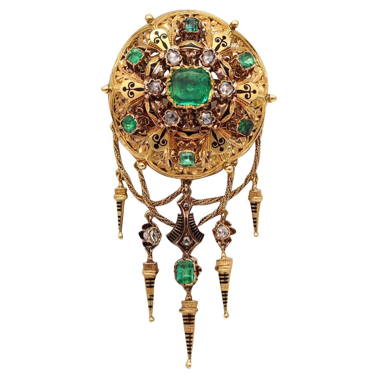 Georgian 1810 Antique Convertible Brooch 18Kt Gold 6.48 Ctw in Emeralds Diamonds For Sale