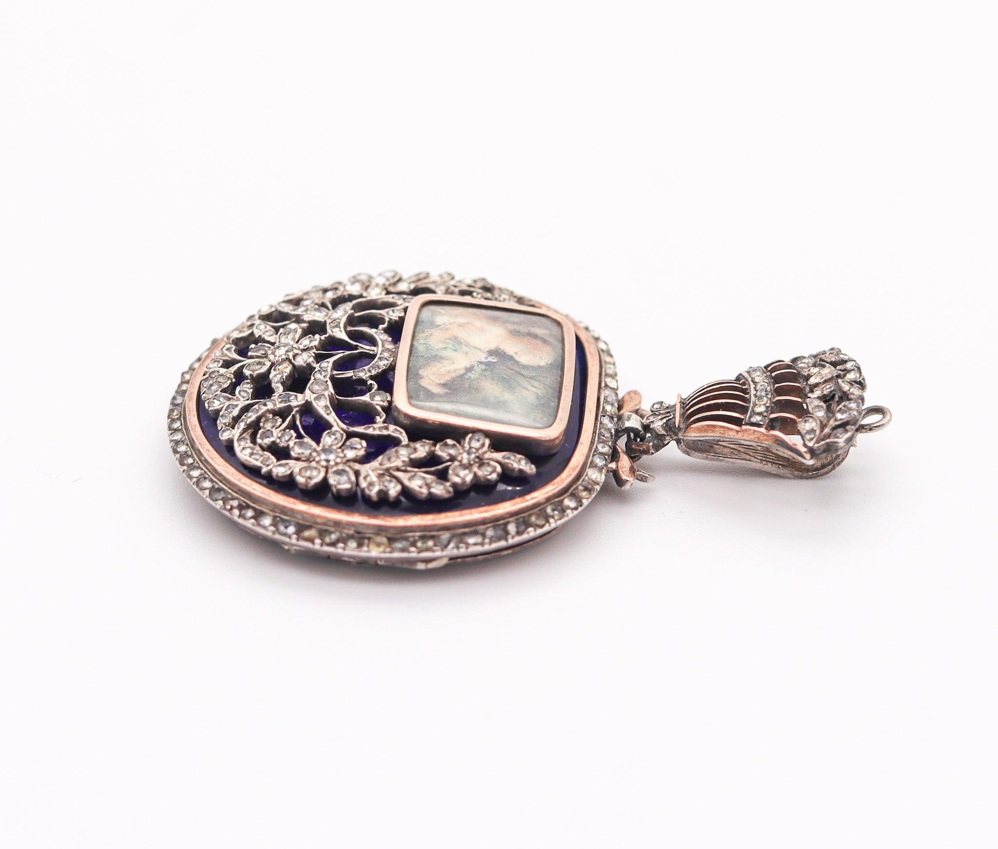 Rose Cut GEORGIAN 1810 England Blue Enameled Pendant In Silver Gold & Diamonds For Sale