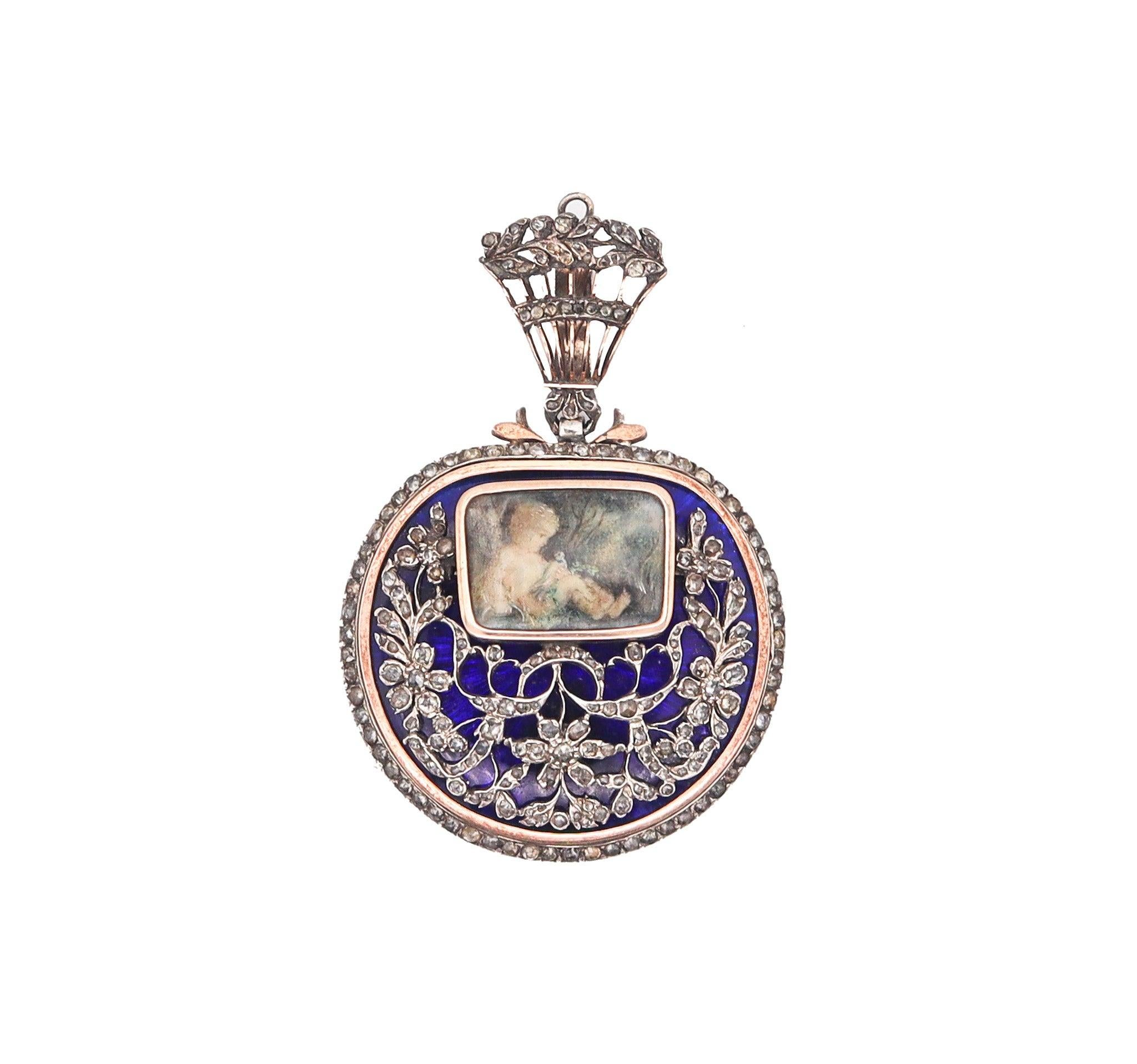 GEORGIAN 1810 England Blue Enameled Pendant In Silver Gold & Diamonds For Sale 2