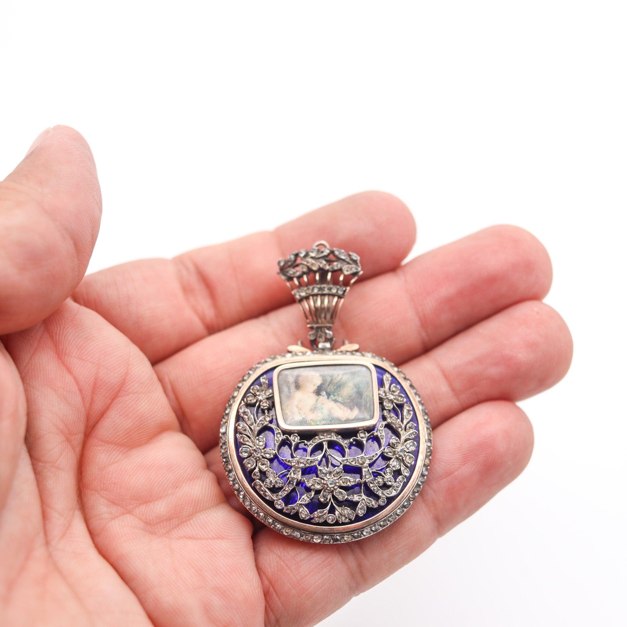 GEORGIAN 1810 England Blue Enameled Pendant In Silver Gold & Diamonds For Sale 3