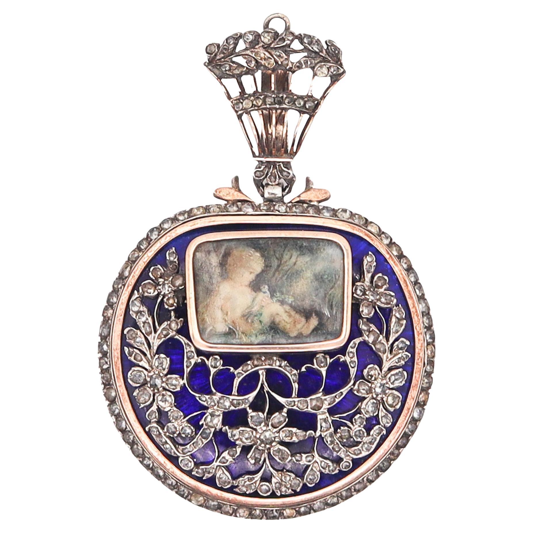 GEORGIAN 1810 England Blue Enameled Pendant In Silver Gold & Diamonds For Sale