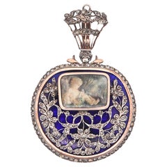 GEORGIAN 1810 England Blue Enameled Pendant In Silver Gold & Diamonds