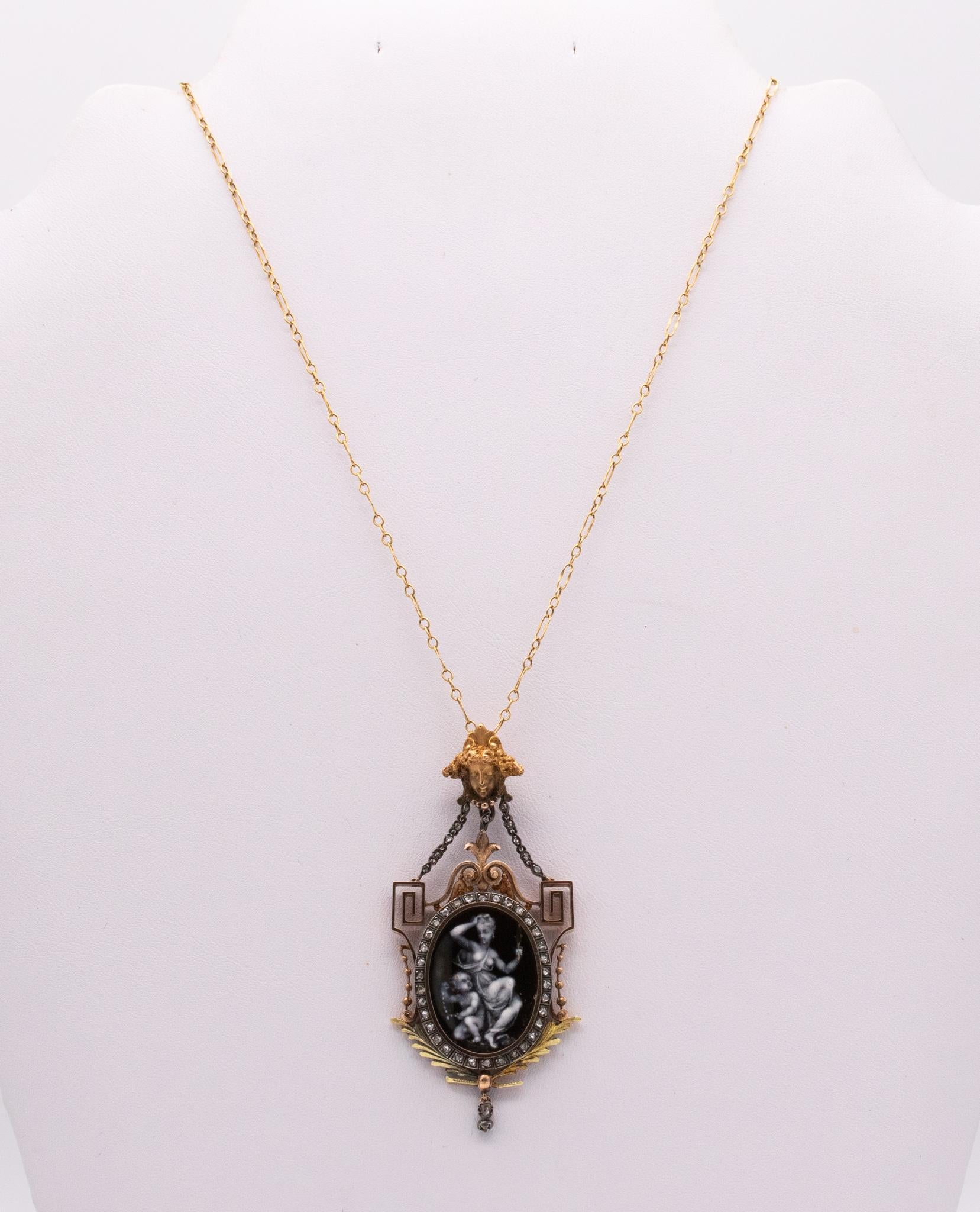 Old European Cut Georgian 1820 Allegory Beauty Grisaille Enamel Necklace 18Kt Gold And Diamonds For Sale