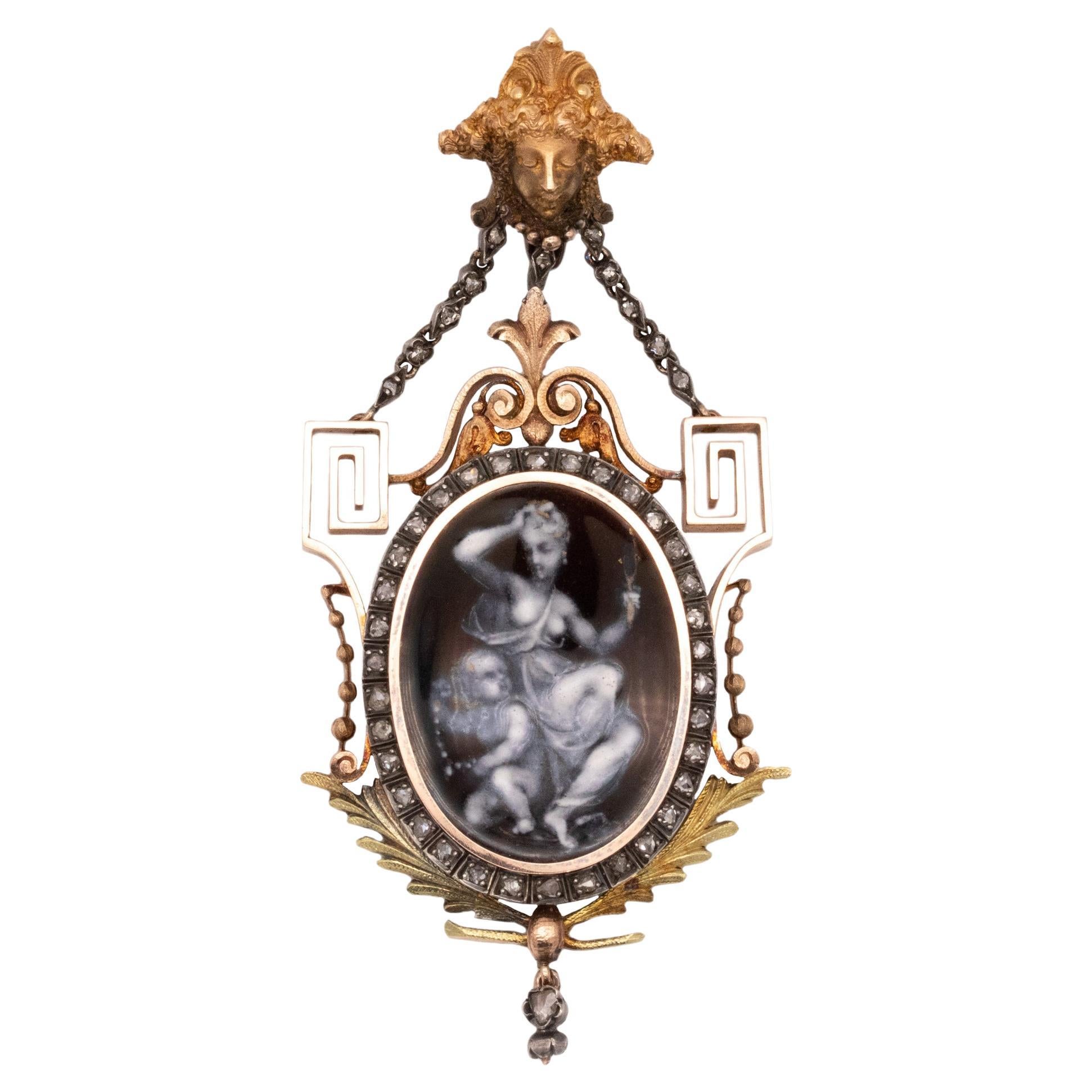 Georgian 1820 Allegory Beauty Grisaille Enamel Necklace 18Kt Gold And Diamonds For Sale