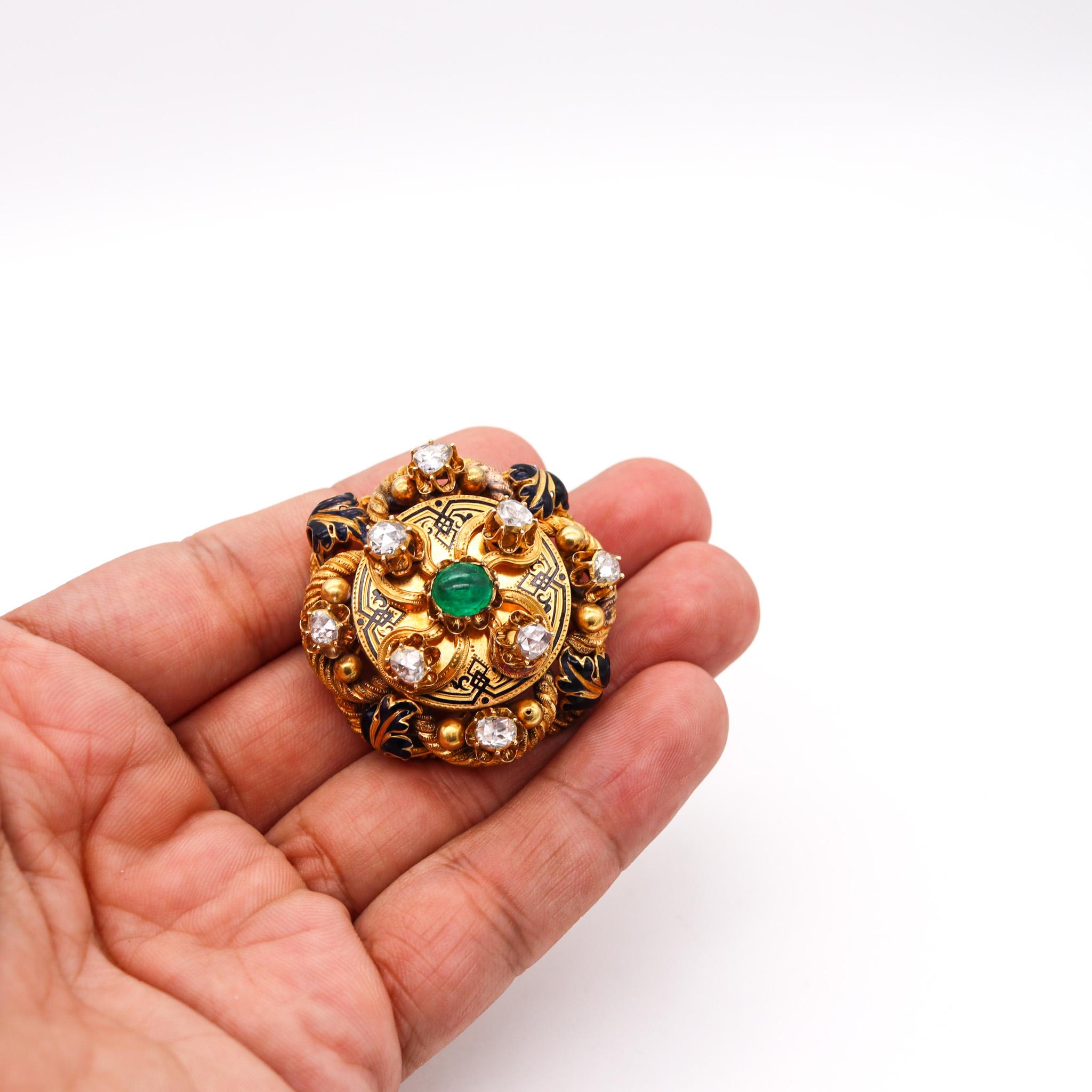 Cabochon Georgian 1820 Antique Convertible Brooch 18kt Gold 5.54 Ctw in Diamonds Emerald For Sale