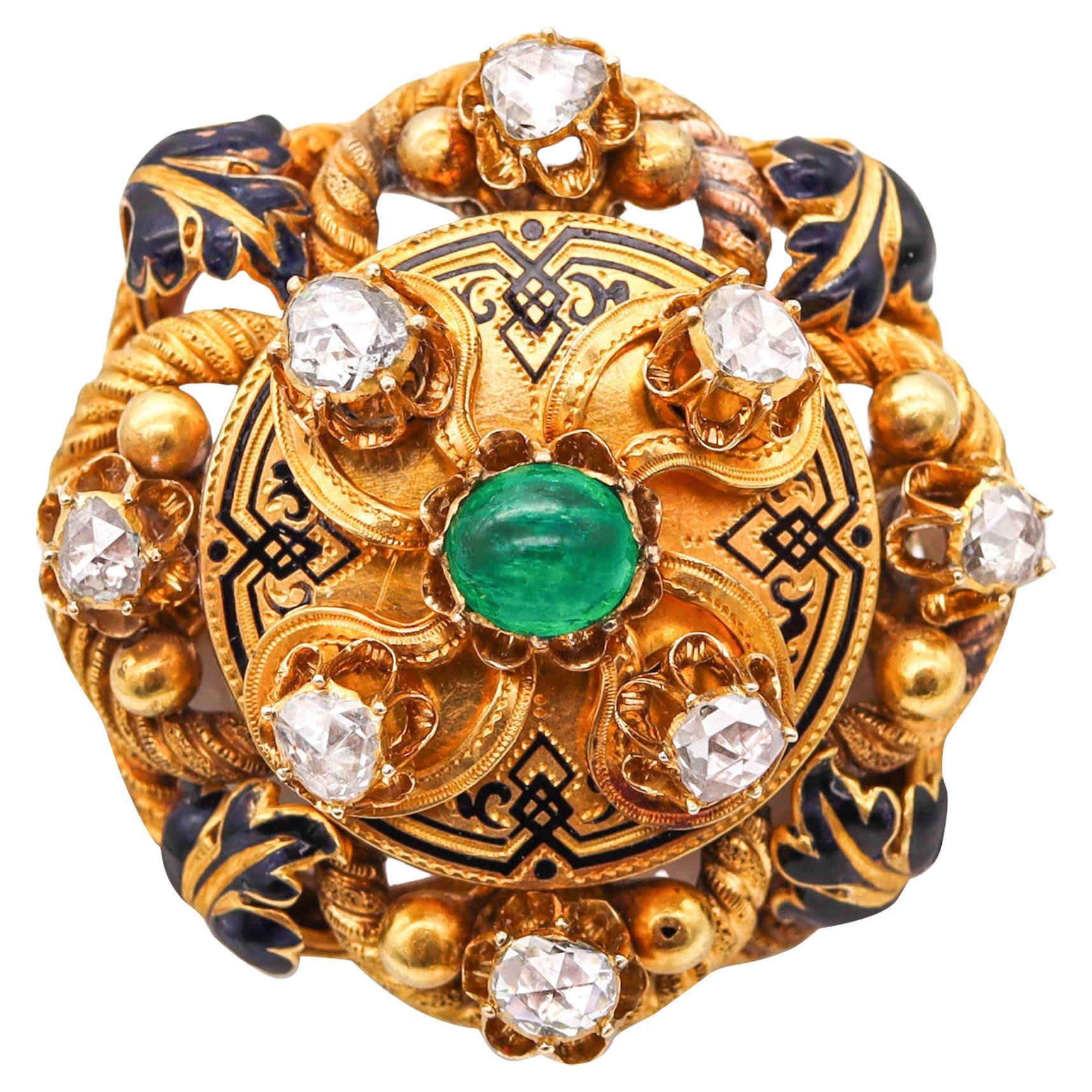 Georgian 1820 Antique Convertible Brooch 18kt Gold 5.54 Ctw in Diamonds Emerald For Sale