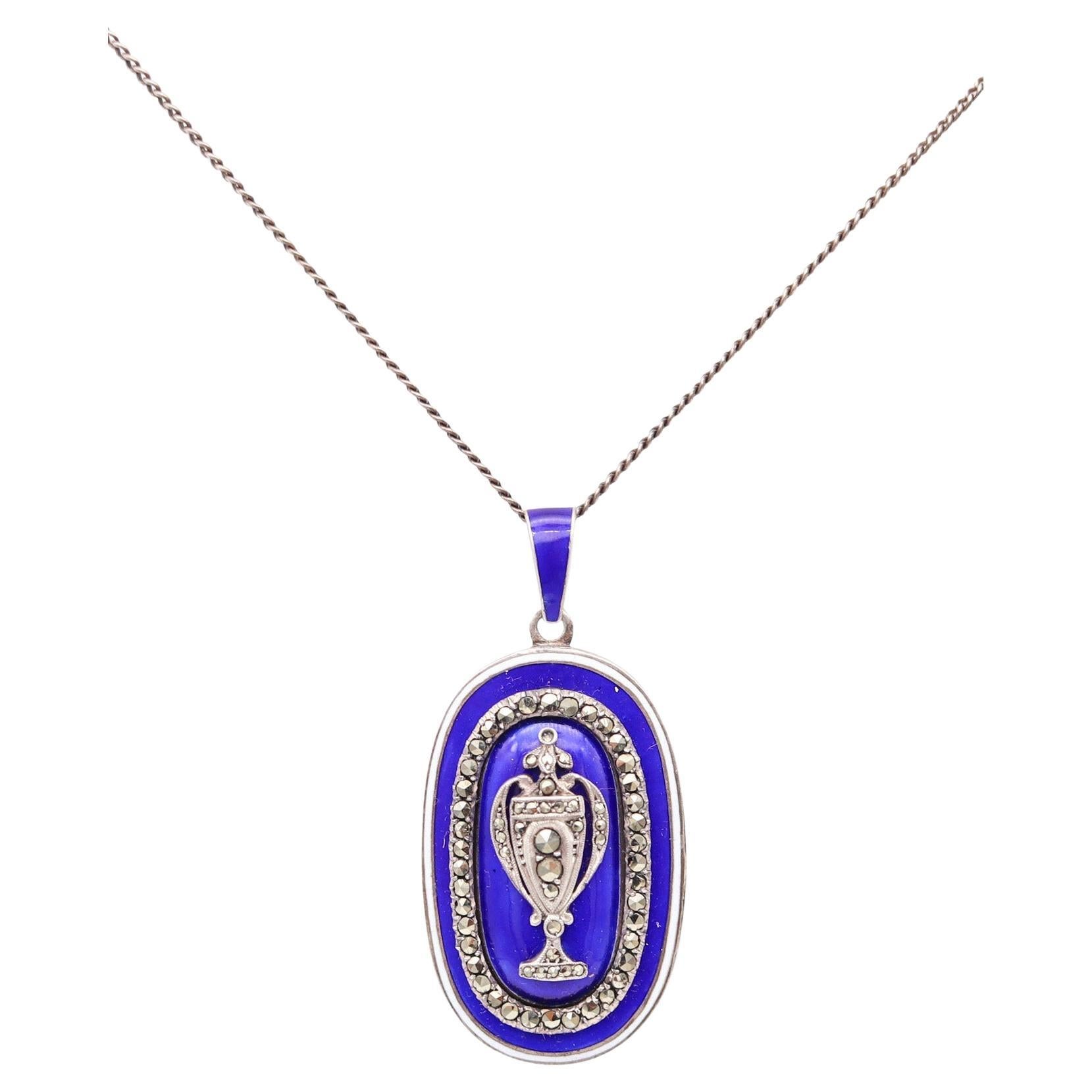 Collana GEORGIANA 1820 in argento smaltato bianco e blu con marcasite in vendita