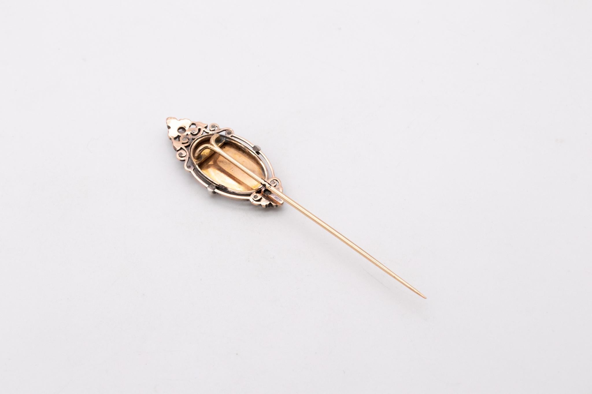 Georgian 1820 Enameled Pin of a Playful Putti 18kt Gold with European Diamonds For Sale 1