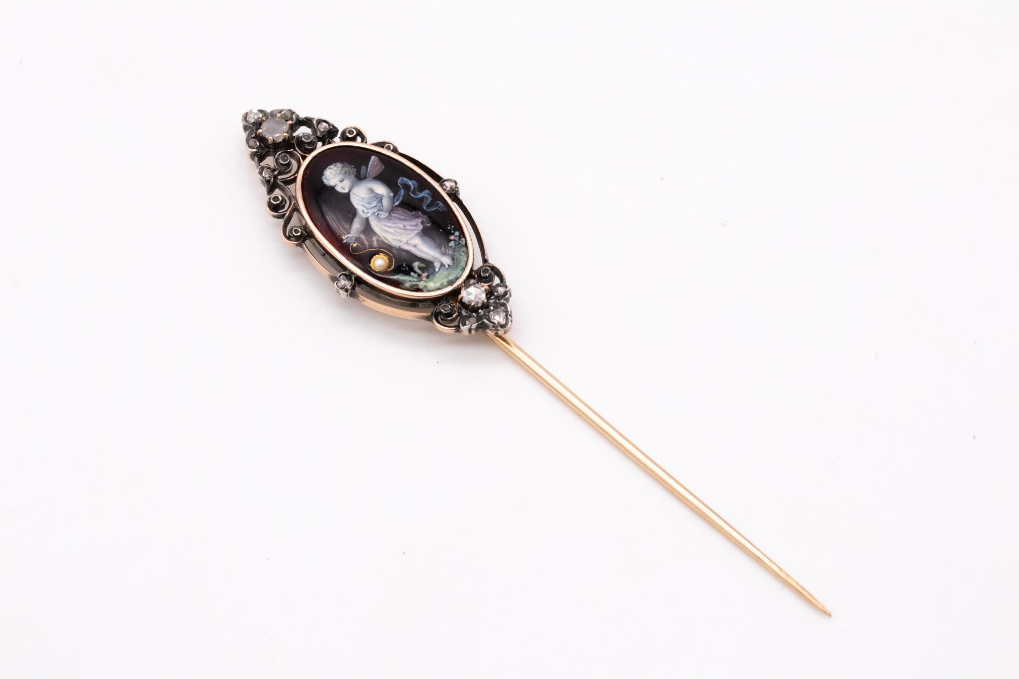 Georgian 1820 Enameled Pin of a Playful Putti 18kt Gold with European Diamonds For Sale 4