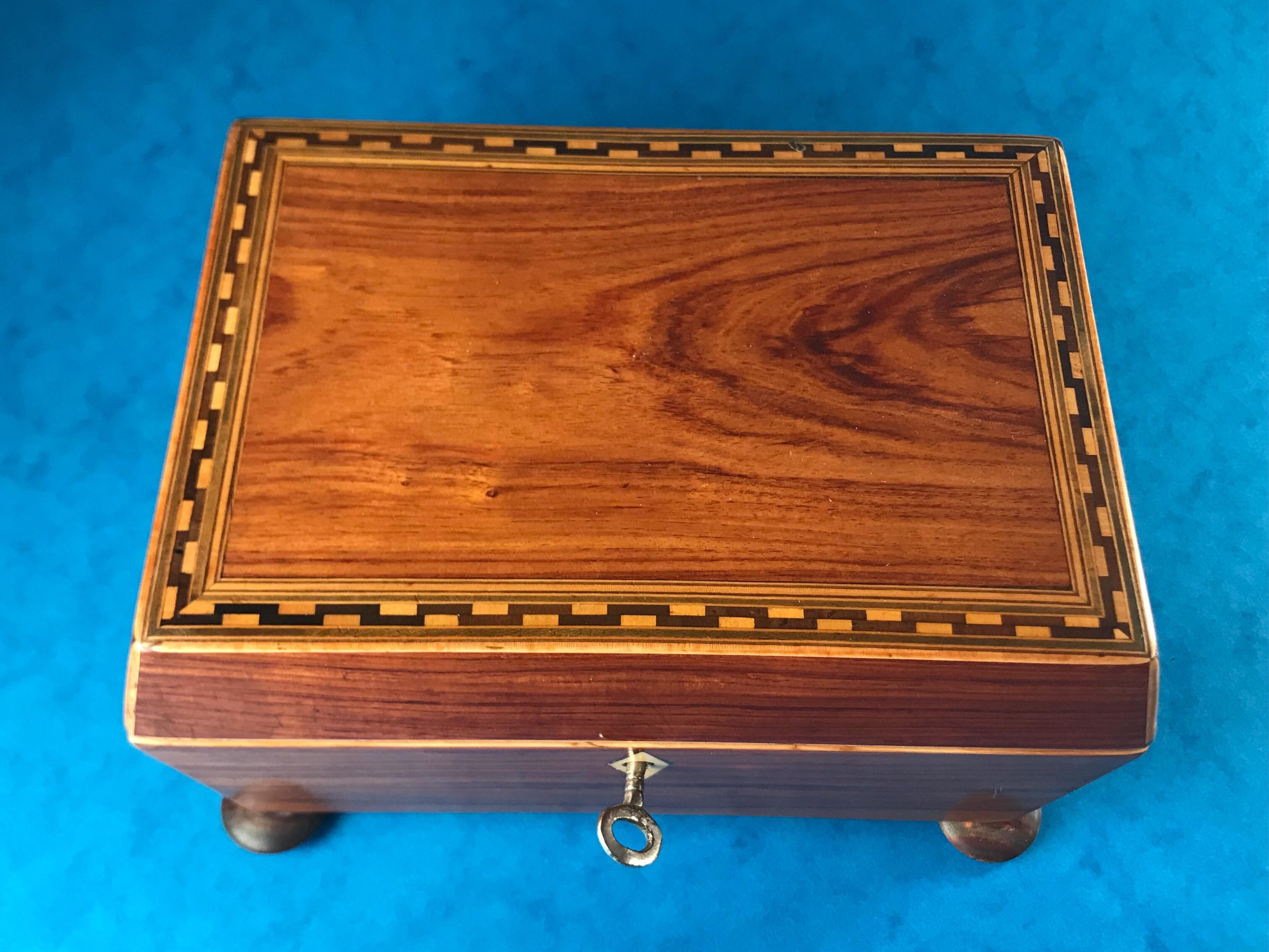 English Georgian 1820 Harewood, Ebony and Boxwood Inlaid Tulipwood Box