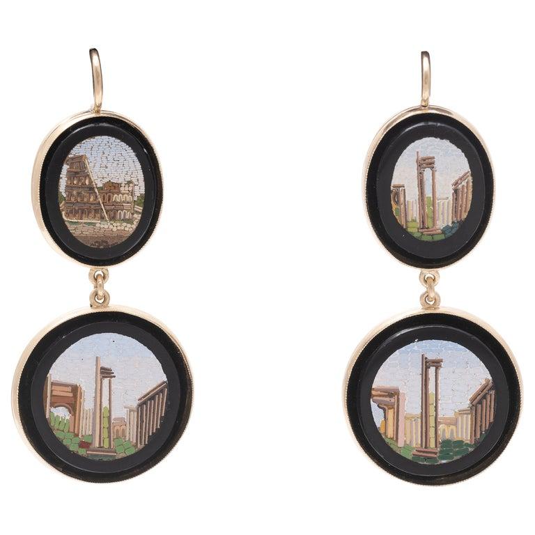 Georgianische Ohrringe aus den 1820er Jahren aus Mikromosaik und Gold für Damen oder Herren im Angebot