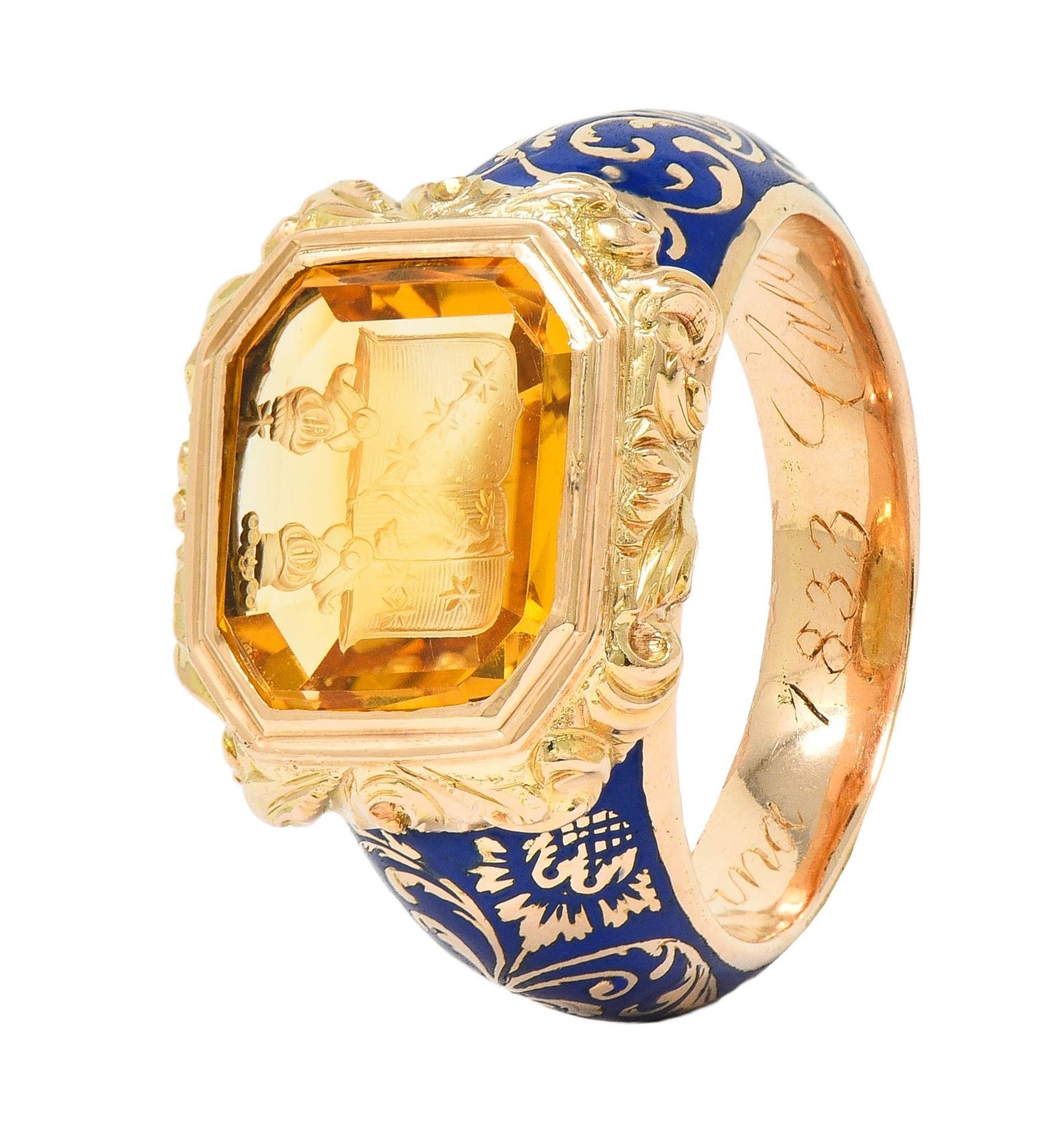 Georgian 1833 Citrine Intaglio Enamel 14K Gold Antique Heraldic Signet Ring 6