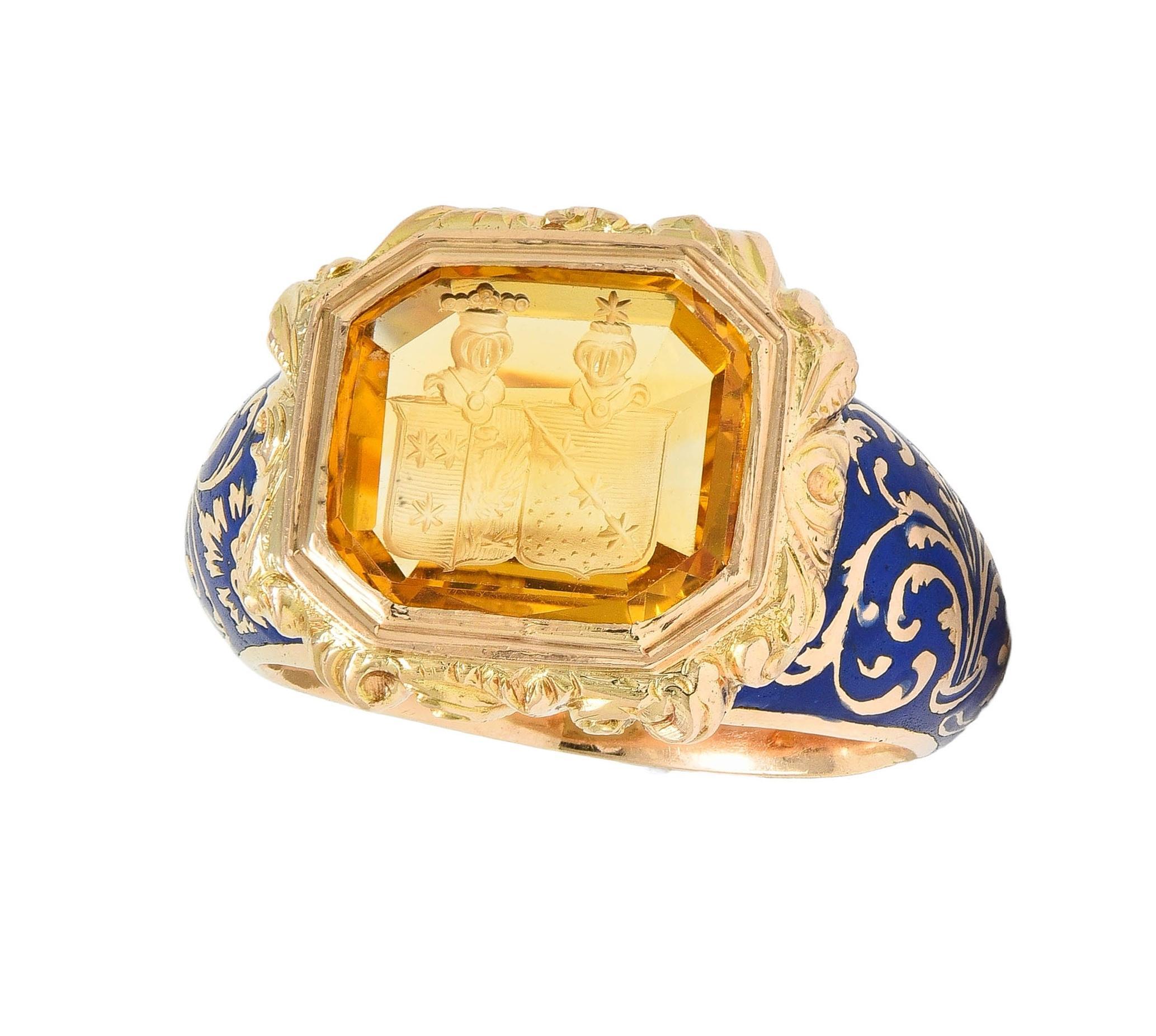 Georgian 1833 Citrine Intaglio Enamel 14K Gold Antique Heraldic Signet Ring 7