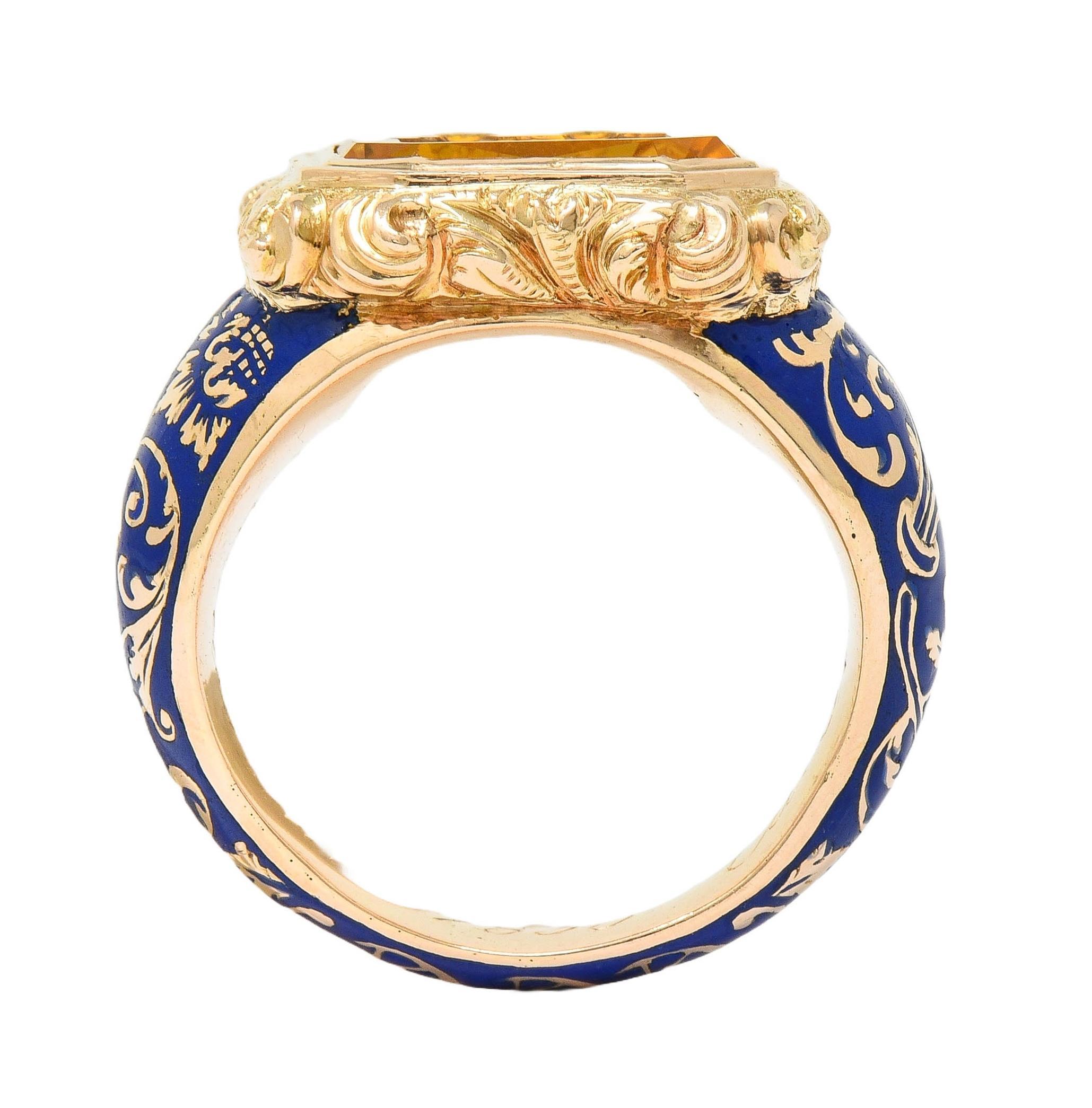 Georgian 1833 Citrine Intaglio Enamel 14K Gold Antique Heraldic Signet Ring 8