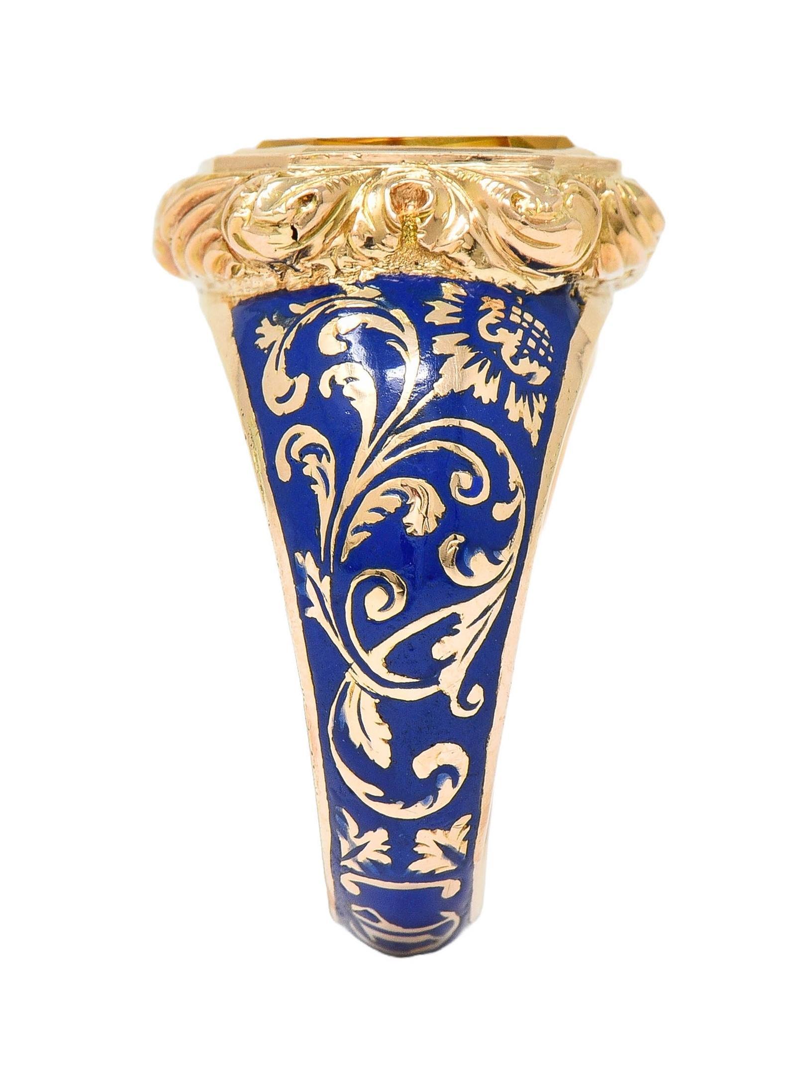 Georgian 1833 Citrine Intaglio Enamel 14K Gold Antique Heraldic Signet Ring 9