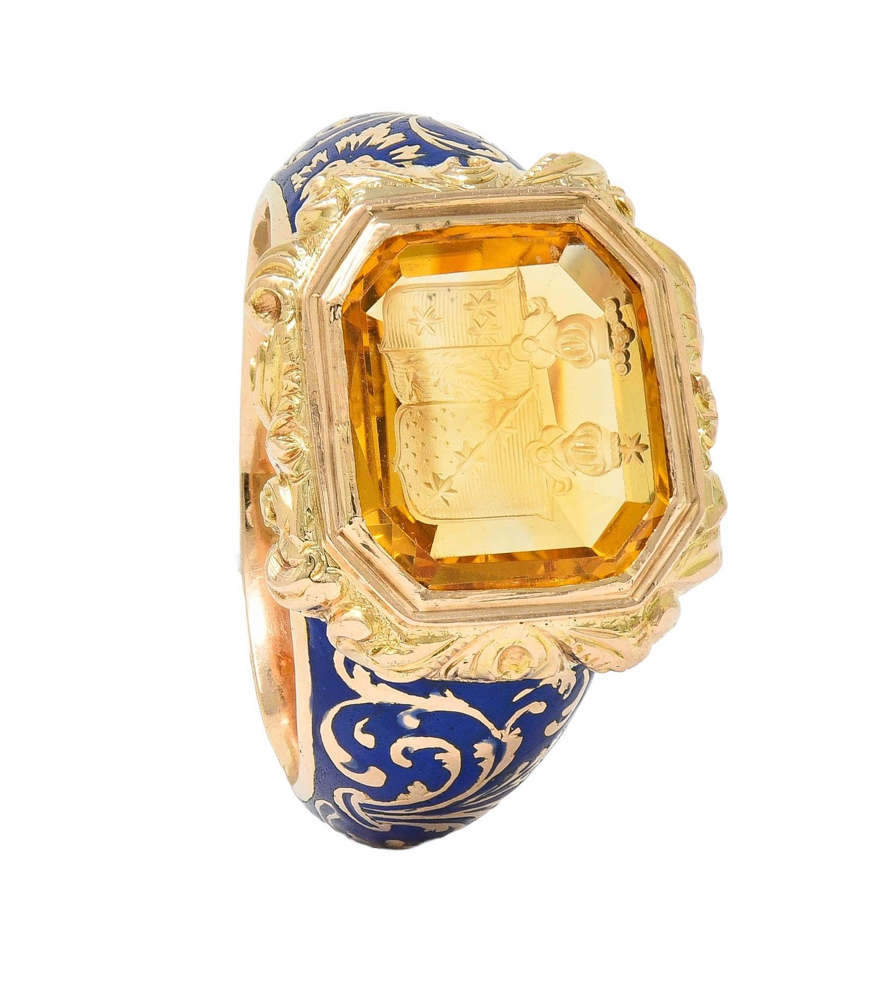 Georgian 1833 Citrine Intaglio Enamel 14K Gold Antique Heraldic Signet Ring 10