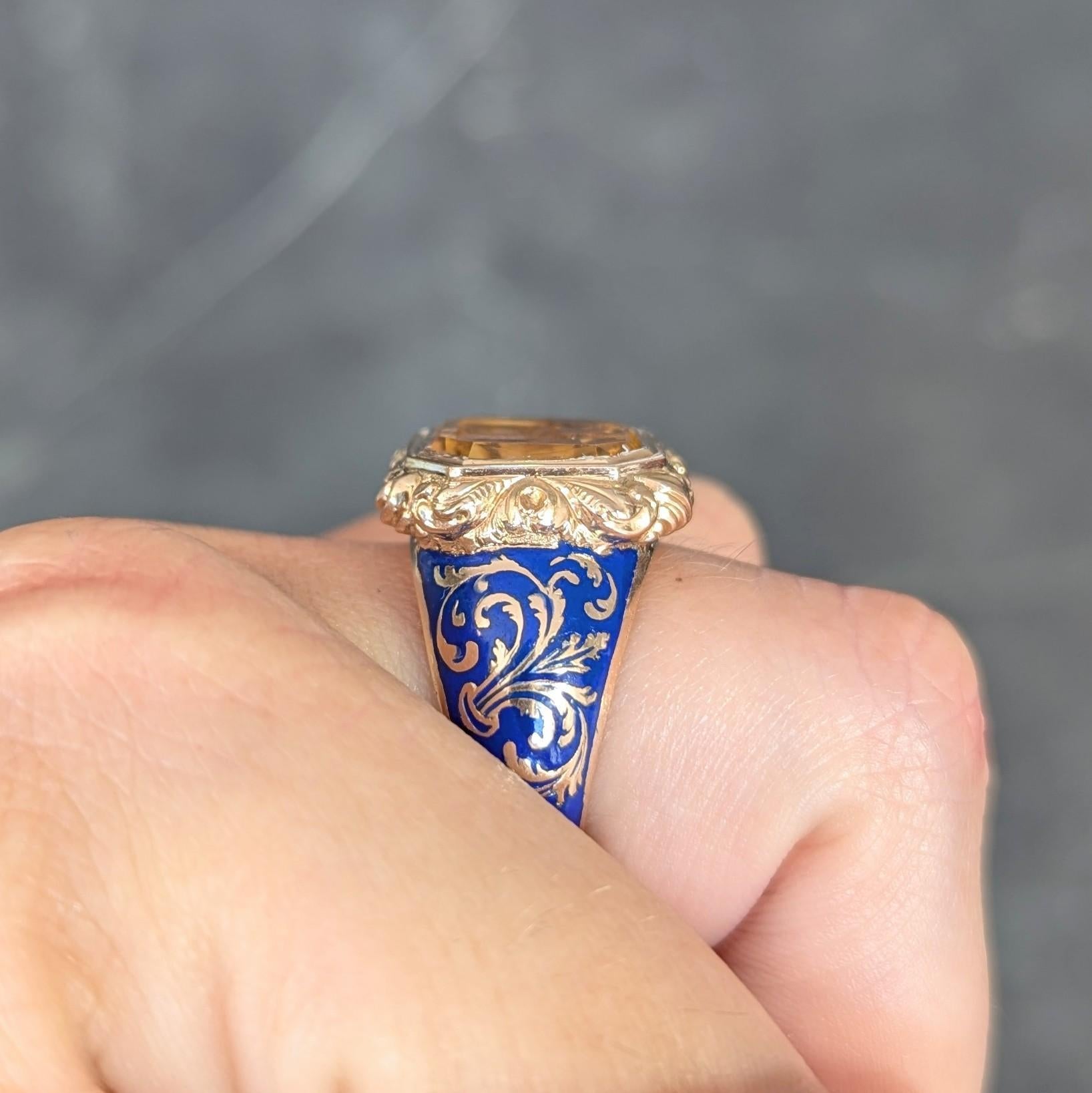 Georgian 1833 Citrine Intaglio Enamel 14K Gold Antique Heraldic Signet Ring 11