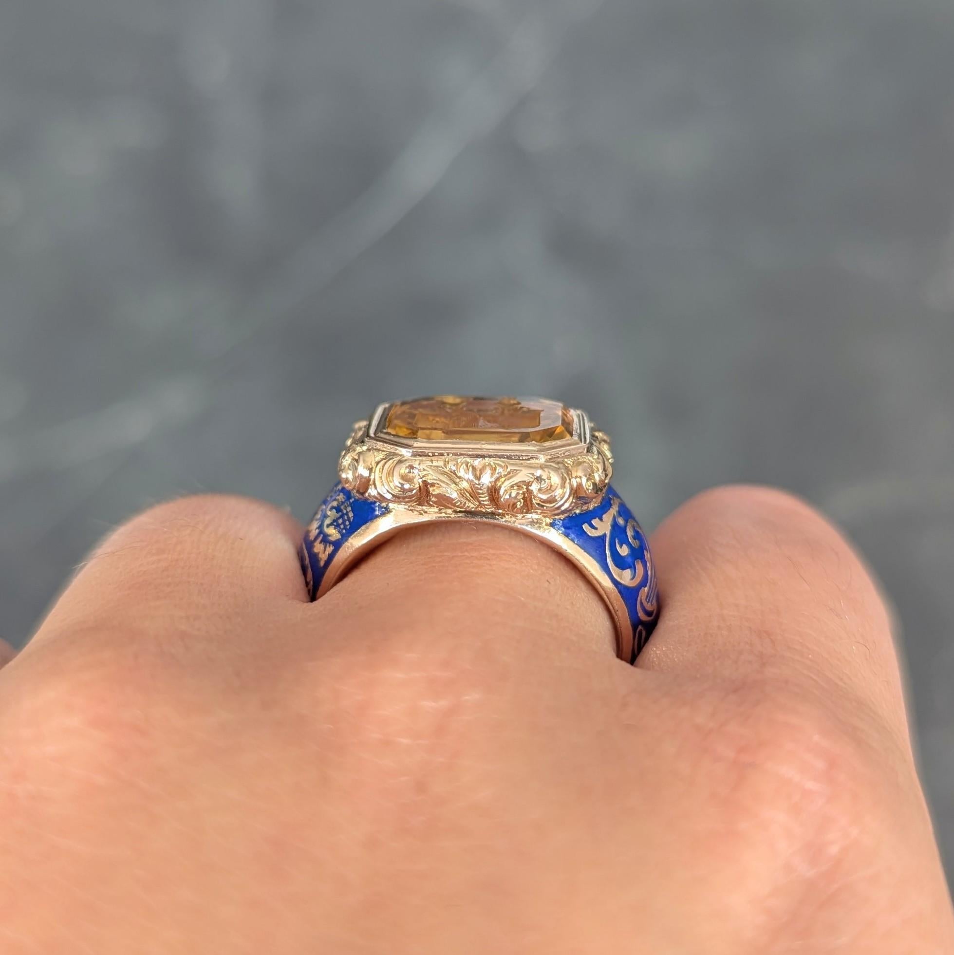 Georgian 1833 Citrine Intaglio Enamel 14K Gold Antique Heraldic Signet Ring 12