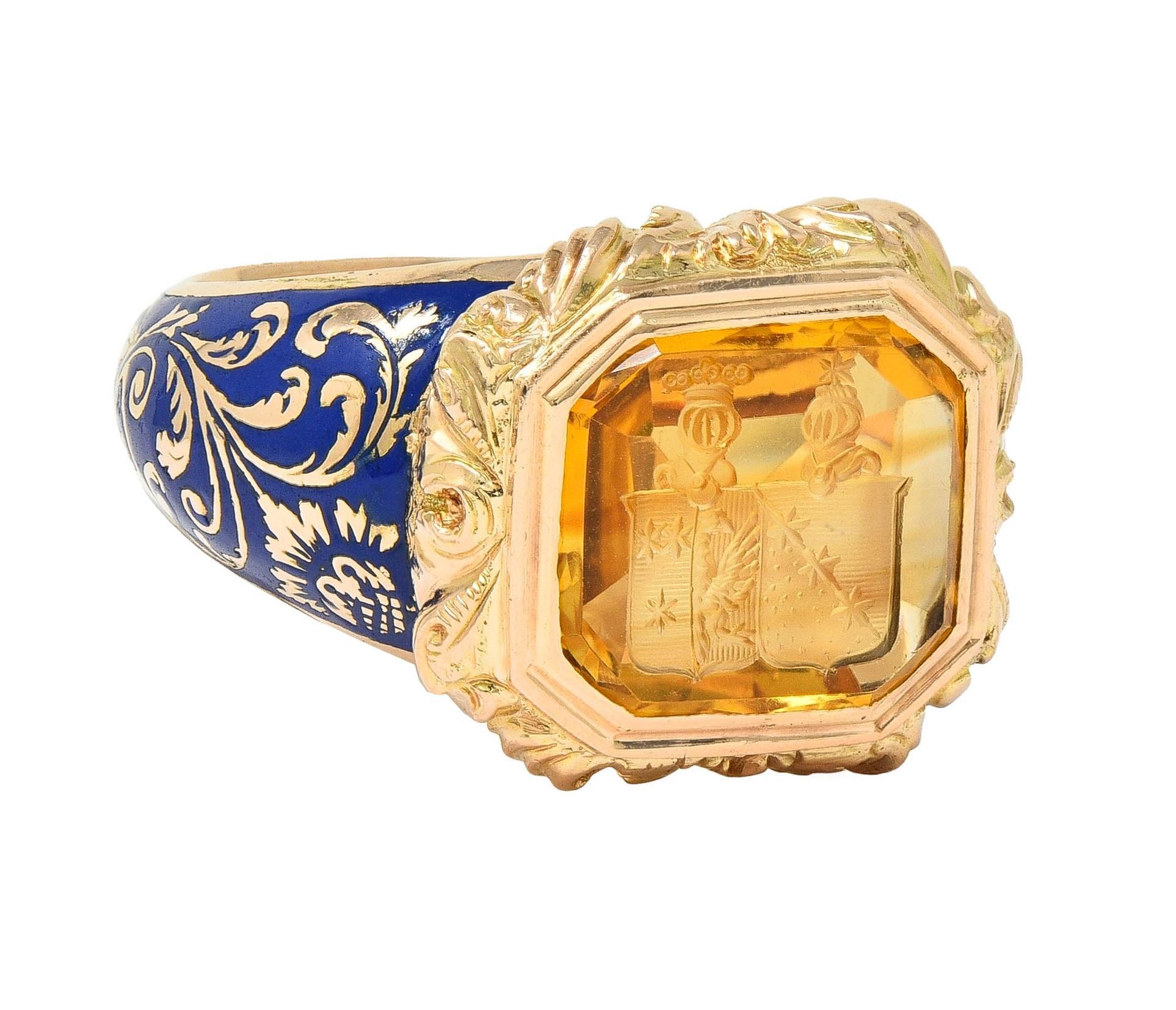 Mixed Cut Georgian 1833 Citrine Intaglio Enamel 14K Gold Antique Heraldic Signet Ring