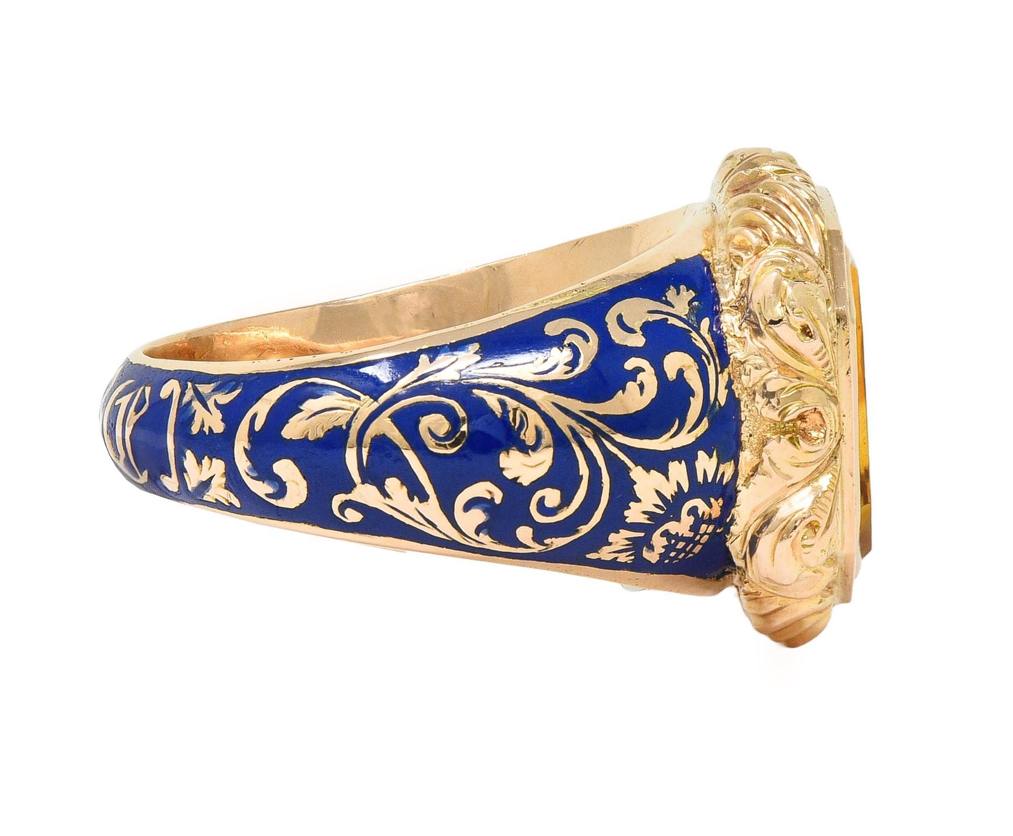 Georgian 1833 Citrine Intaglio Enamel 14K Gold Antique Heraldic Signet Ring In Excellent Condition In Philadelphia, PA