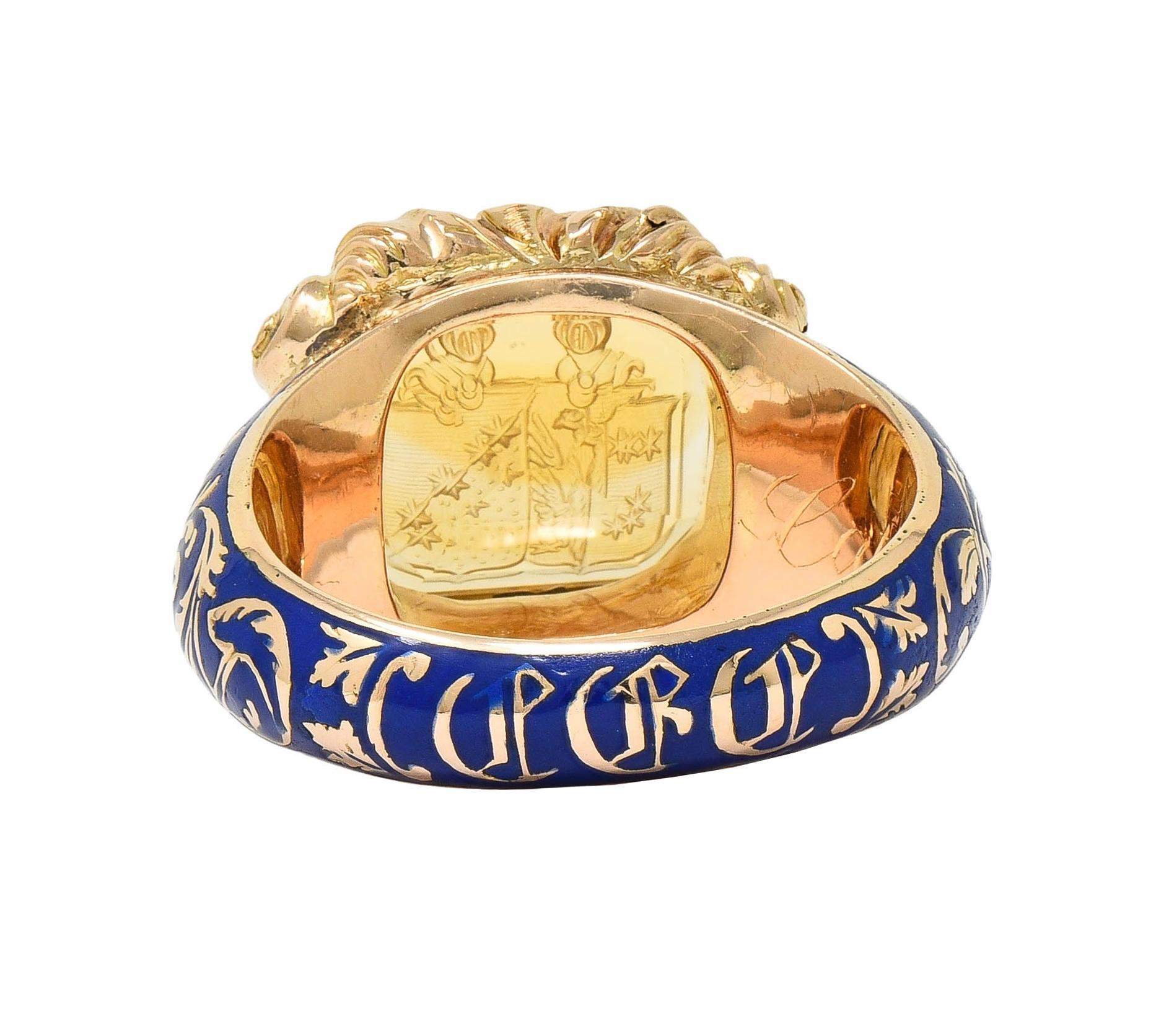 Women's or Men's Georgian 1833 Citrine Intaglio Enamel 14K Gold Antique Heraldic Signet Ring