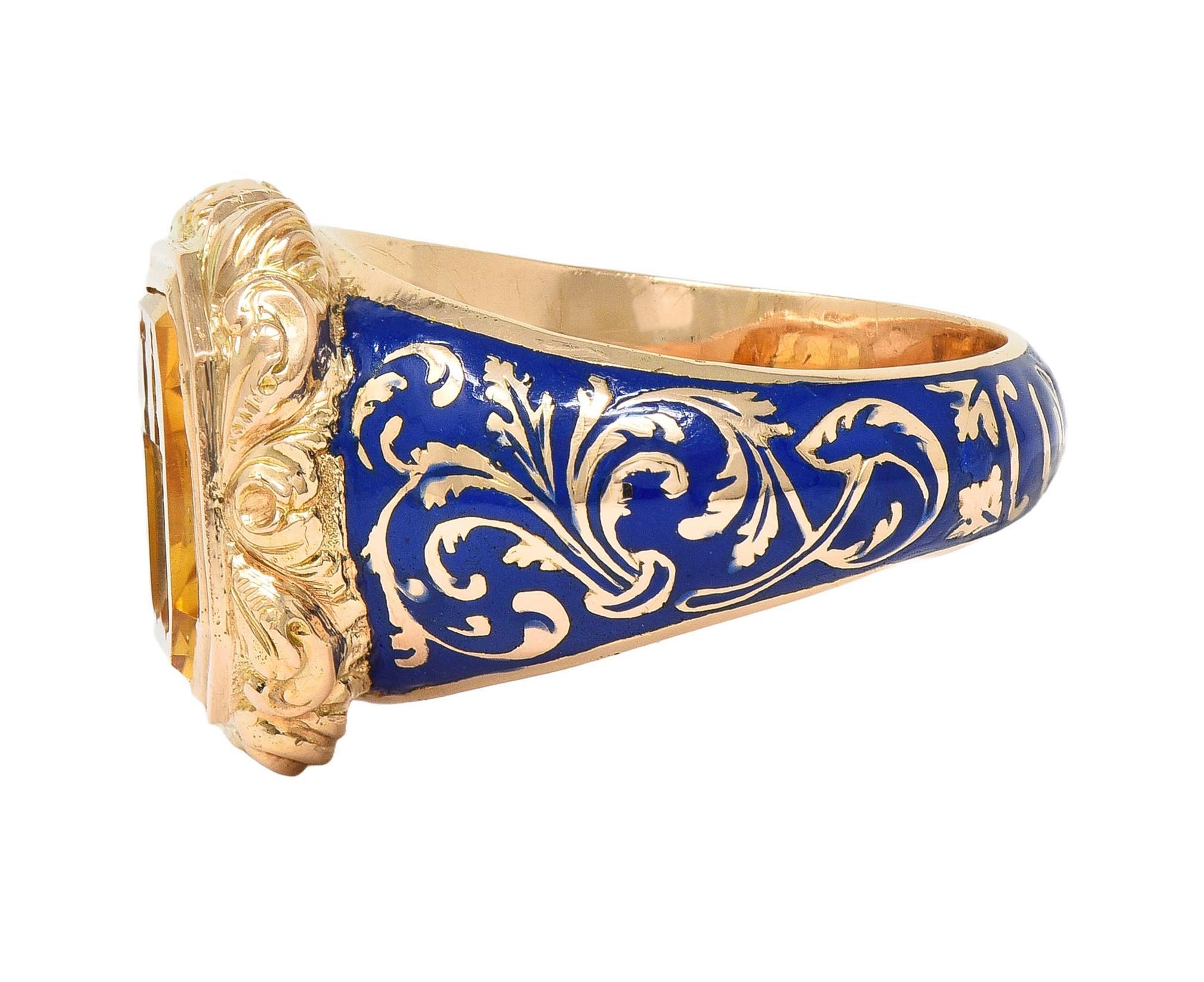 Georgian 1833 Citrine Intaglio Enamel 14K Gold Antique Heraldic Signet Ring 1
