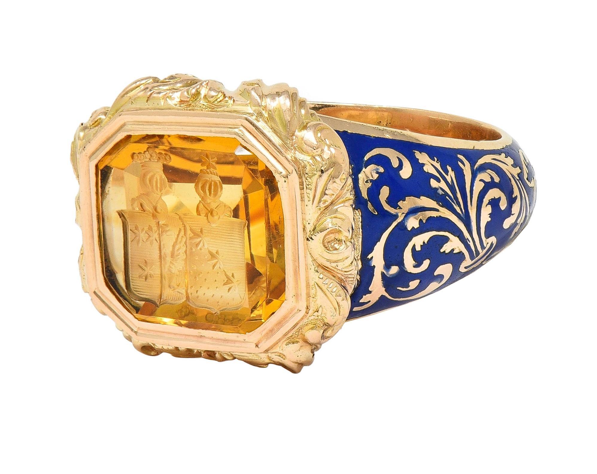 Georgian 1833 Citrine Intaglio Enamel 14K Gold Antique Heraldic Signet Ring 2
