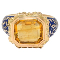 Georgian 1833 Citrine Intaglio Enamel 14K Gold Antique Heraldic Signet Ring