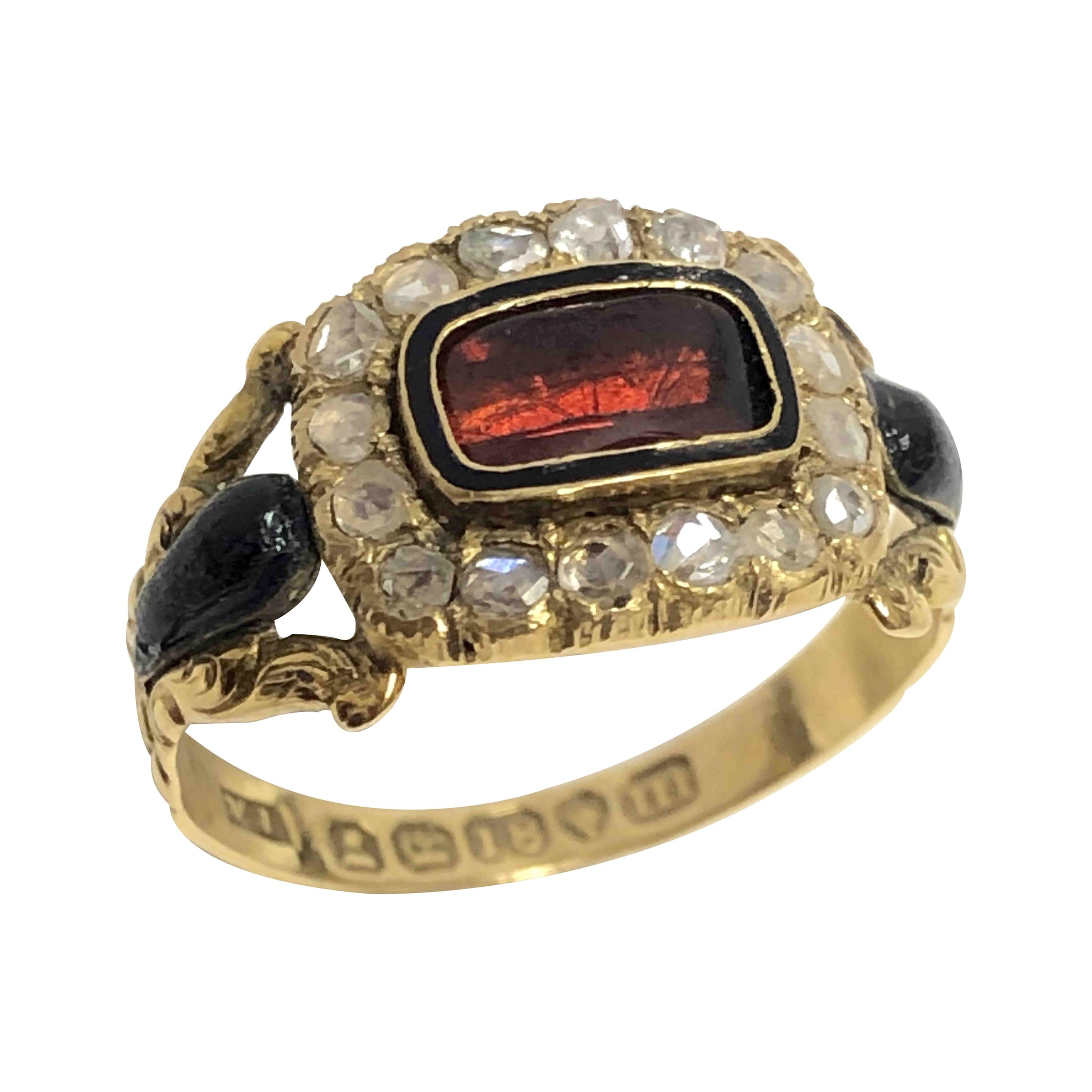 Georgian 1840s Memorial Memento Gold Garnet and Diamond Ring