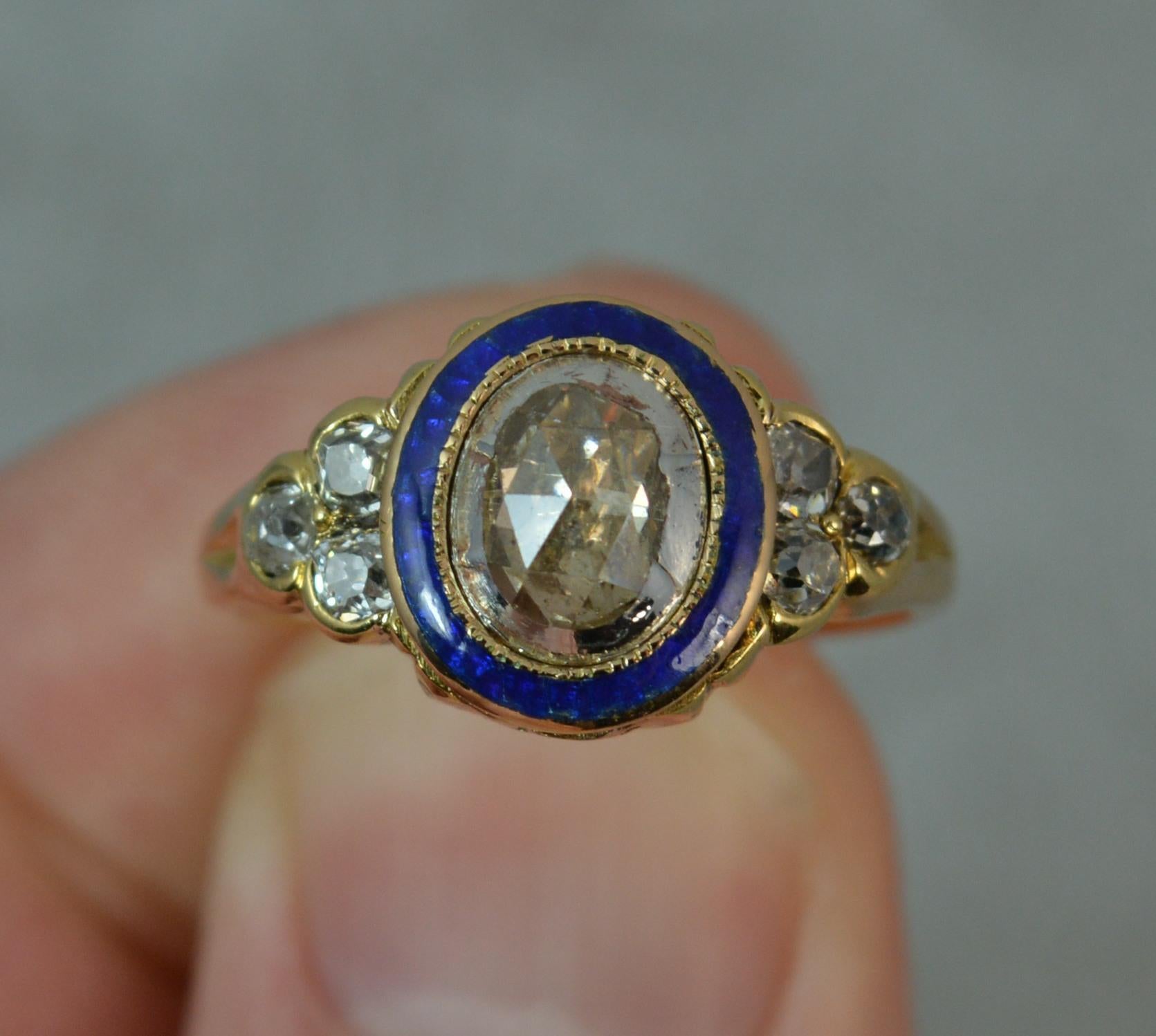 Georgian 18 Carat Gold 1 Carat Diamond Enamel Cluster Ring 6