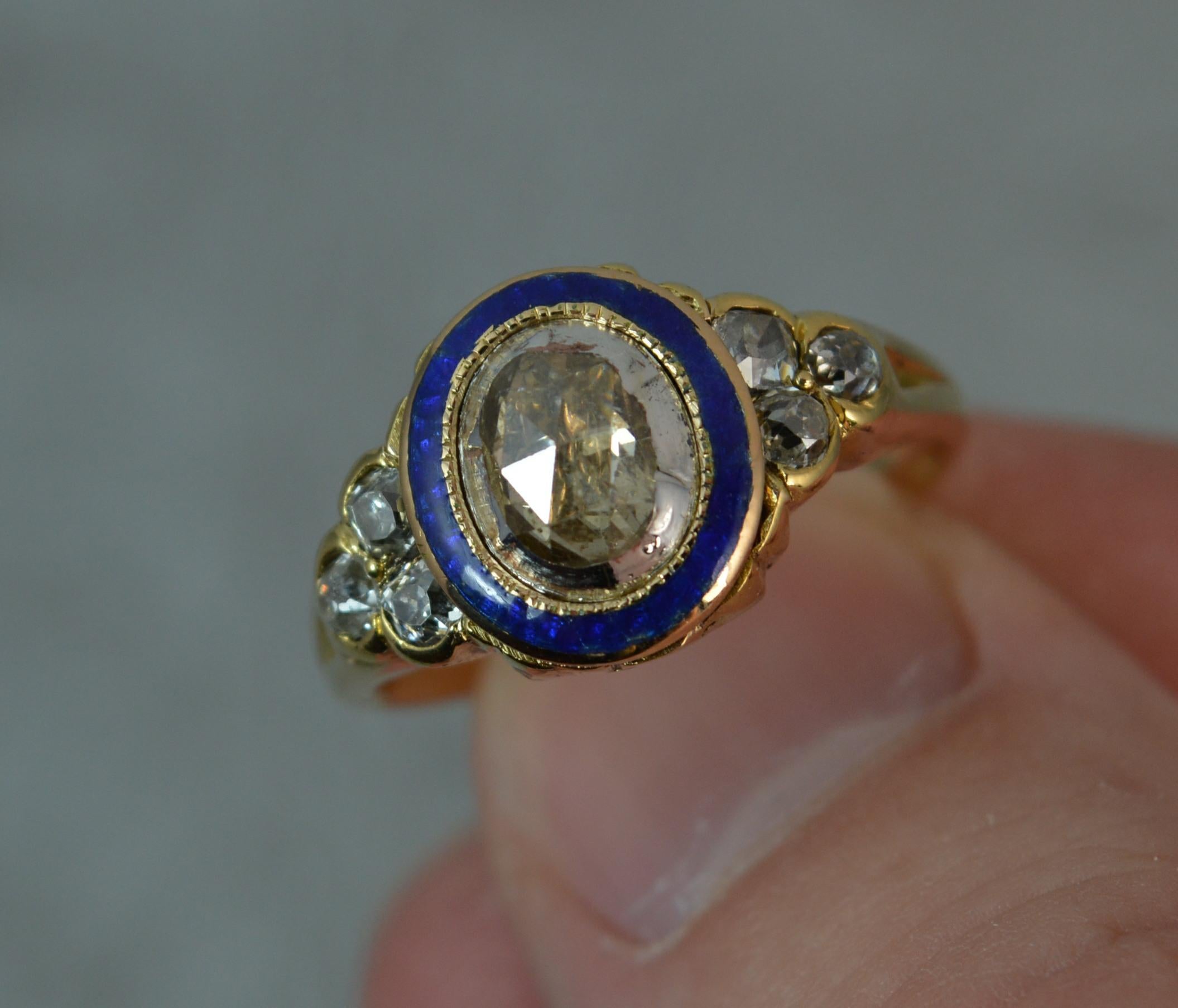 Georgian 18 Carat Gold 1 Carat Diamond Enamel Cluster Ring 7