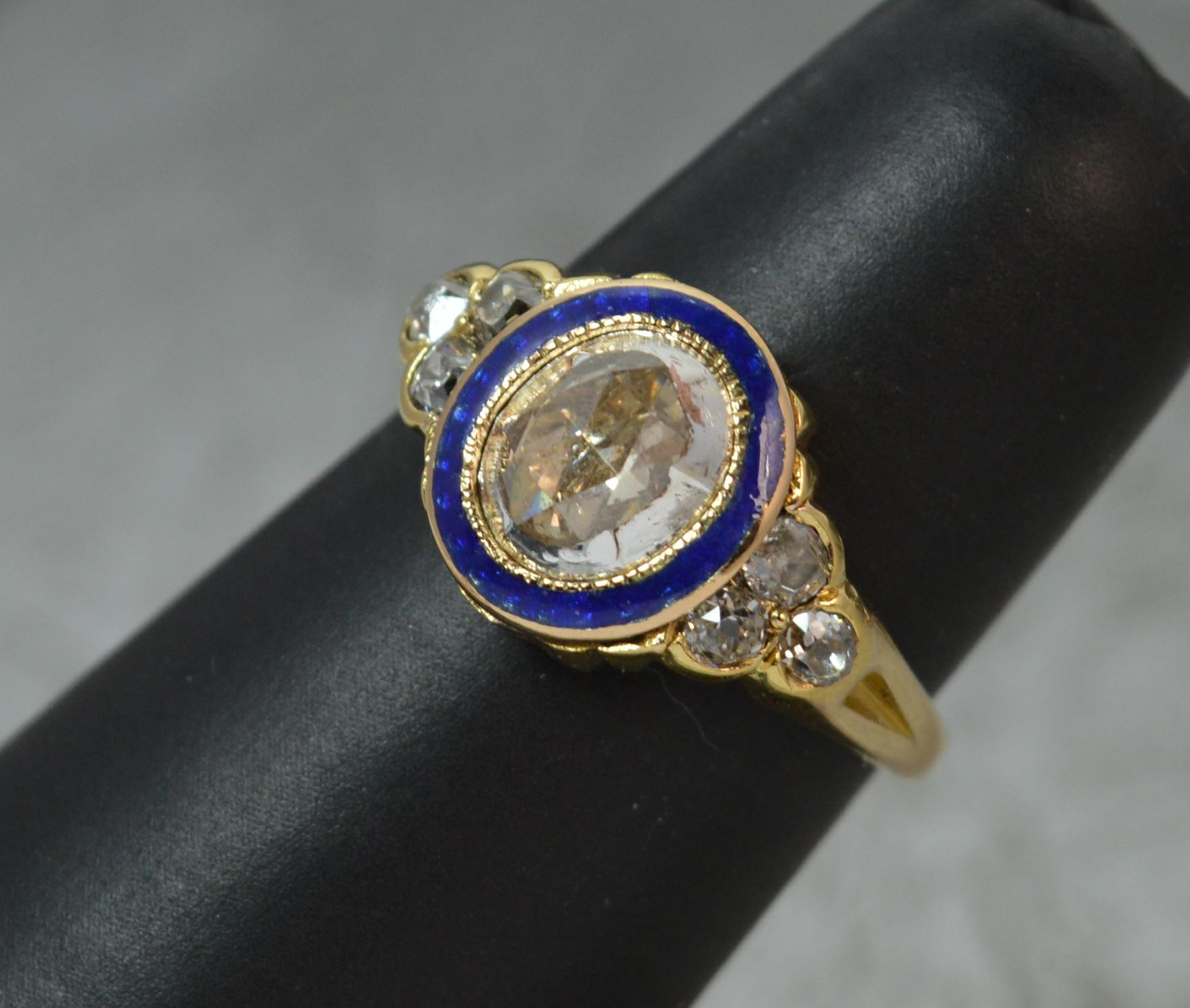 George III Georgian 18 Carat Gold 1 Carat Diamond Enamel Cluster Ring