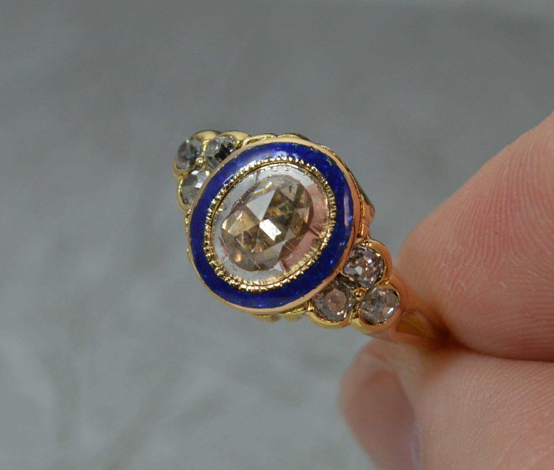 Women's Georgian 18 Carat Gold 1 Carat Diamond Enamel Cluster Ring