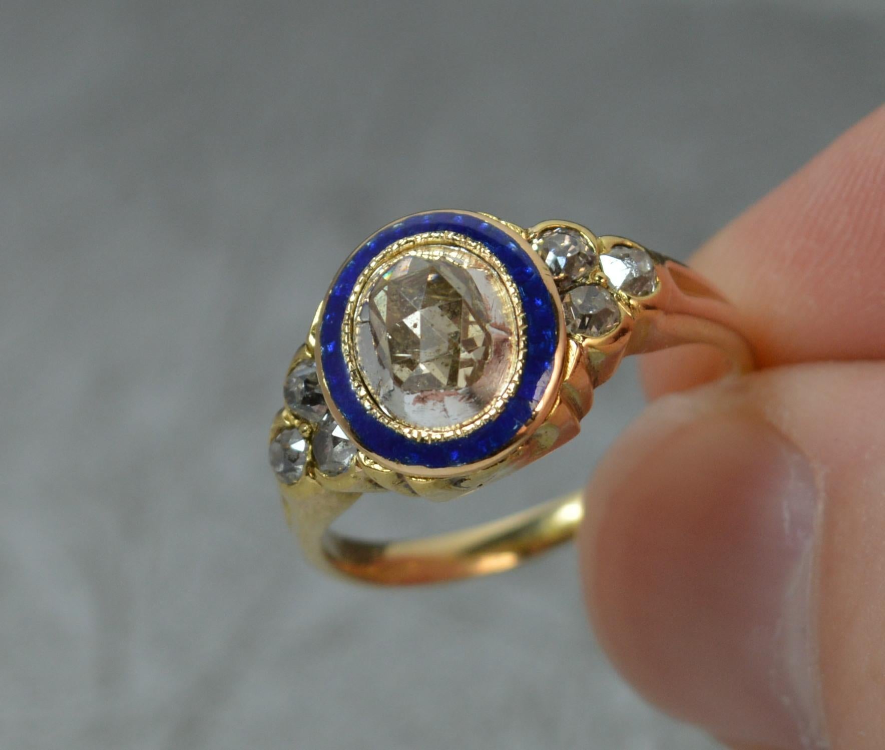 Georgian 18 Carat Gold 1 Carat Diamond Enamel Cluster Ring 1