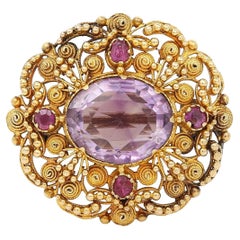 Georgian 18ct Gold Amethyst and Ruby Canetille Brooch, circa 1830