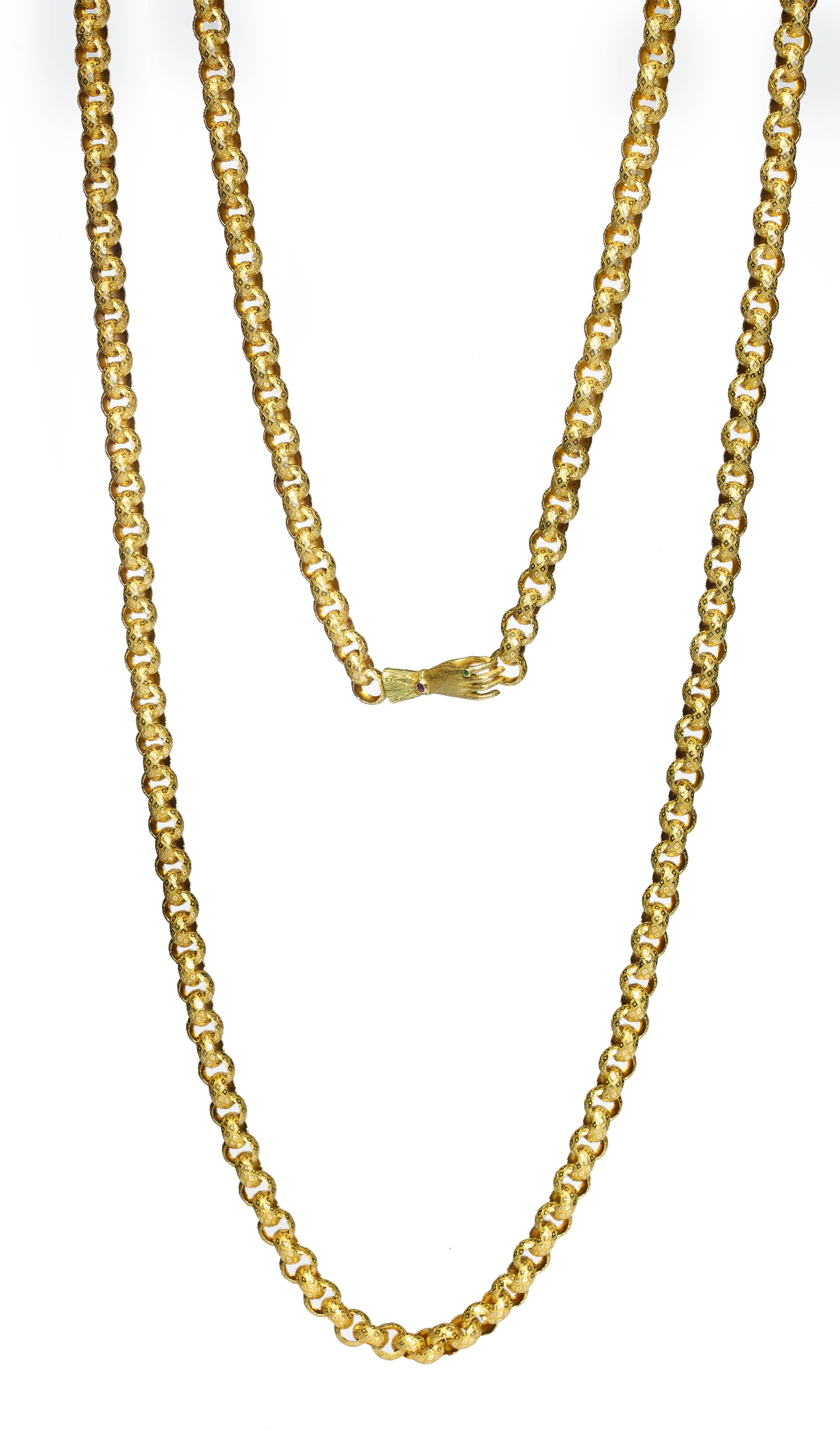 Round Cut Georgian 18 Carat Gold Long Chain with Hand Clasp