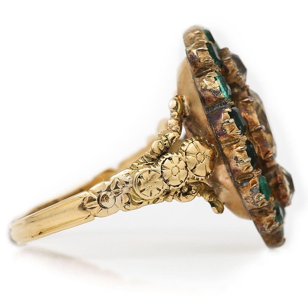Old Mine Cut Georgian 18ct Gold Yellow Topaz and Emerald Navette Cluster Ring, Circa 1815