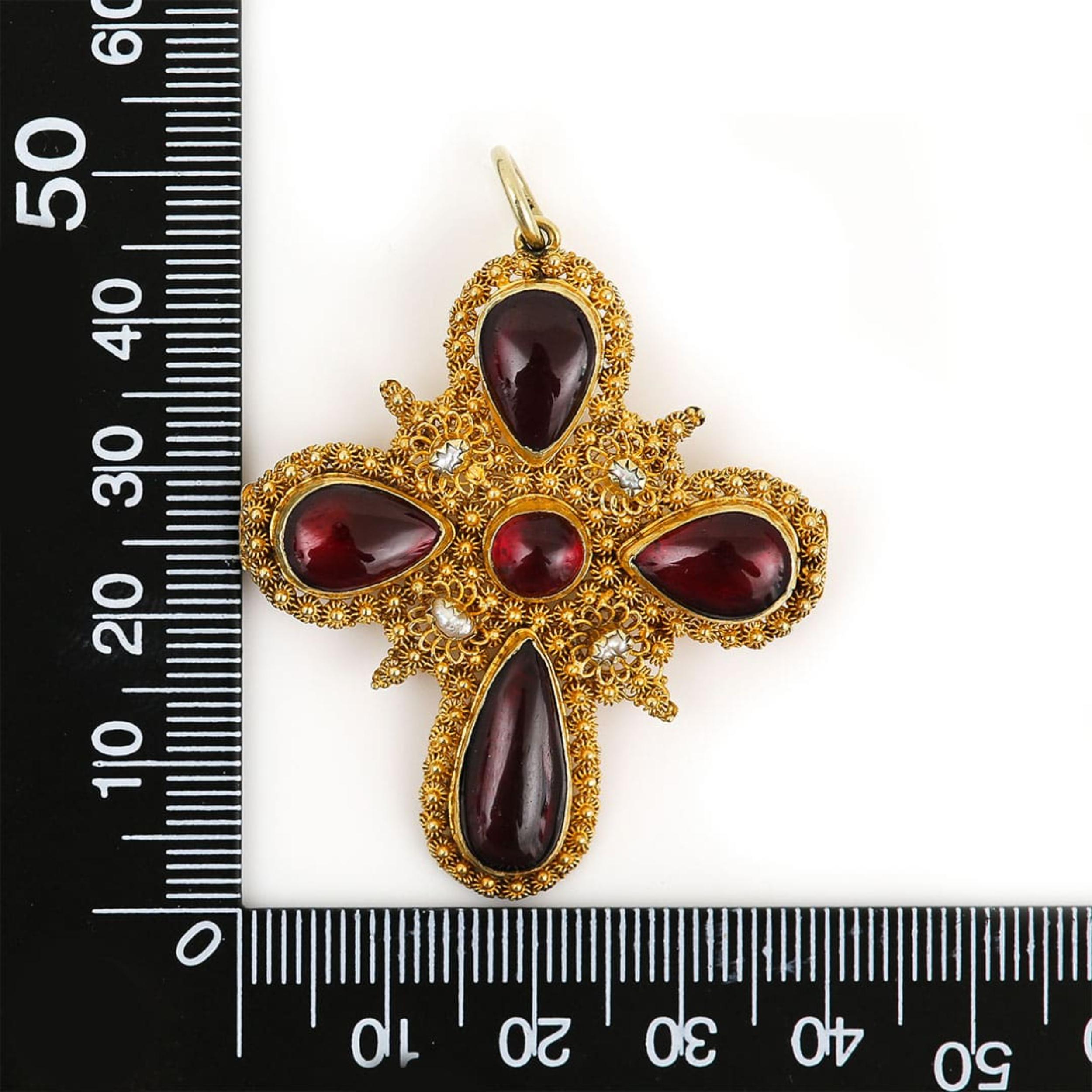 Georgian 18ct Yellow Gold Garnet Cabochon and Pearl Cross Pendant, Circa 1820 1