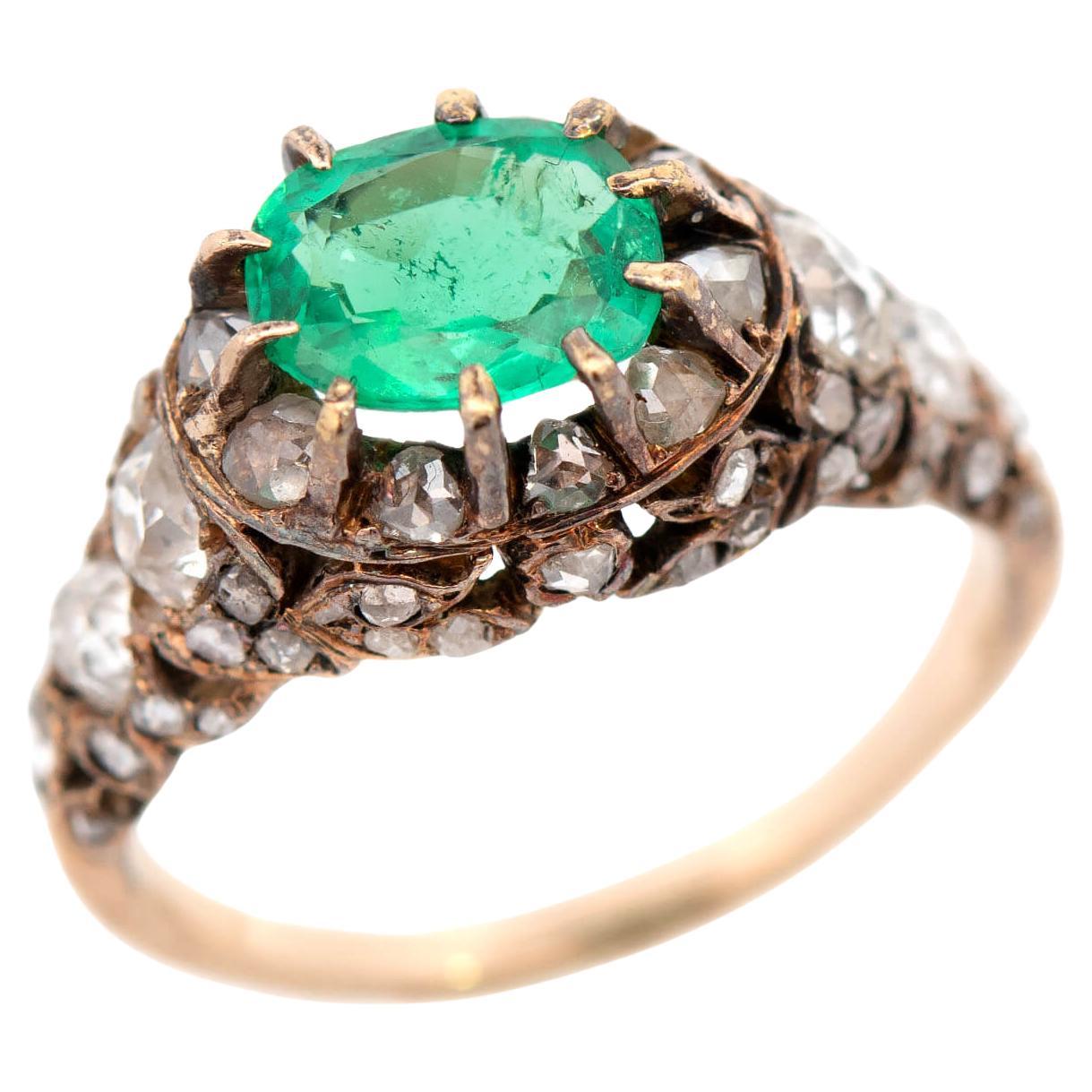 Georgianischer 18 Karat 1 Karat Smaragd- und Diamantring