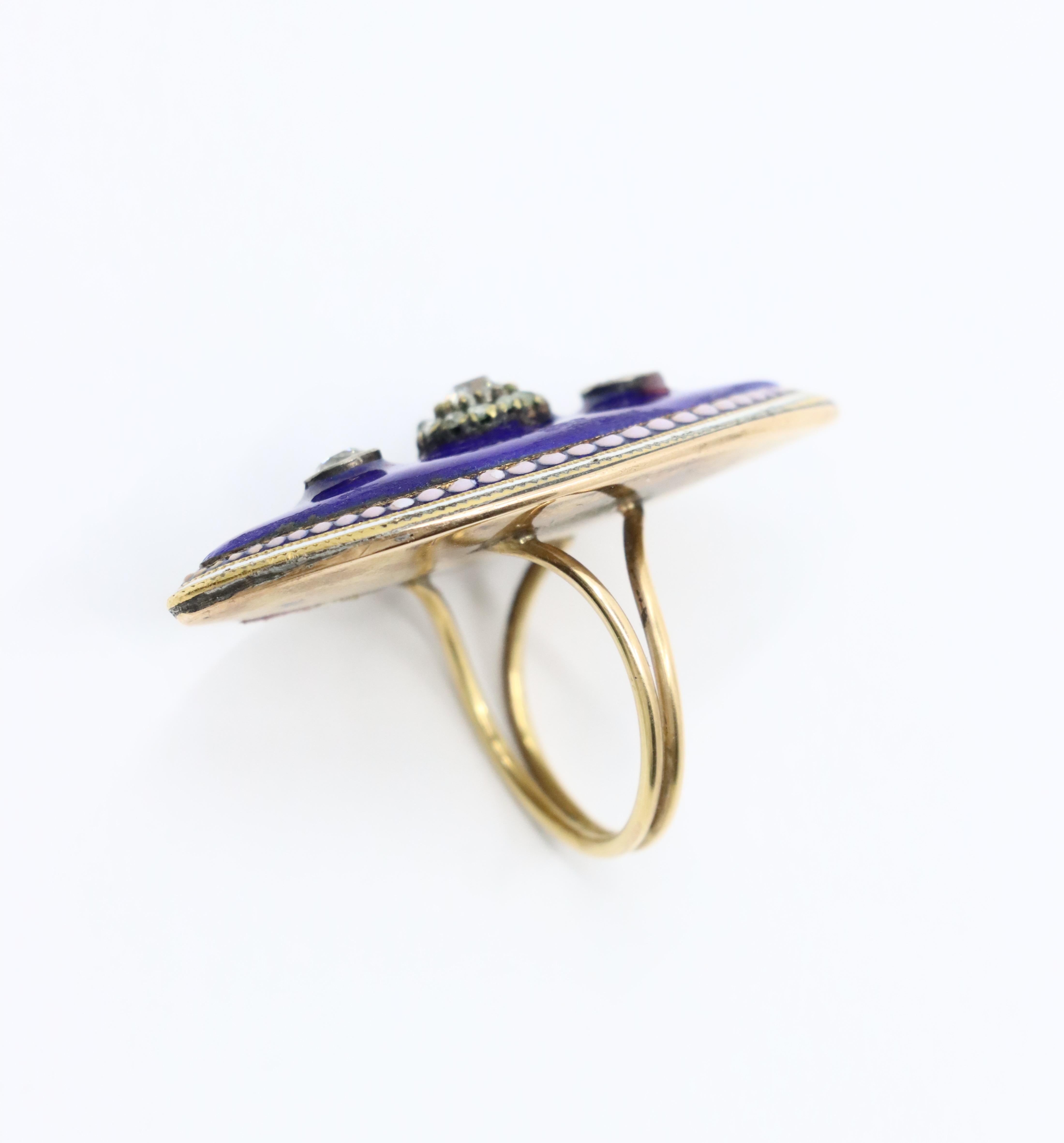 Georgian 18K  Gold Blue Enamel Diamond Ring For Sale 5