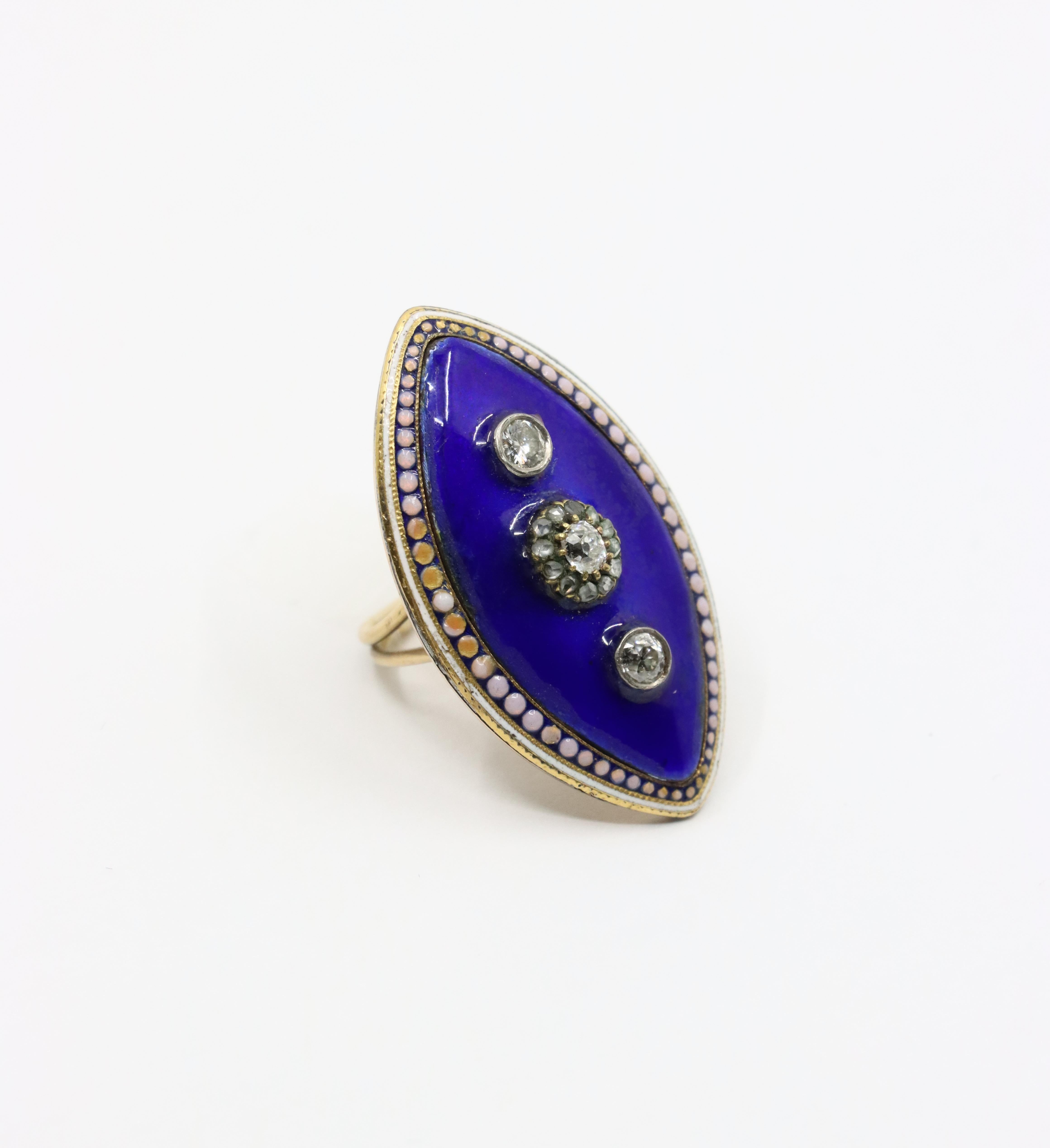 Round Cut Georgian 18K  Gold Blue Enamel Diamond Ring For Sale