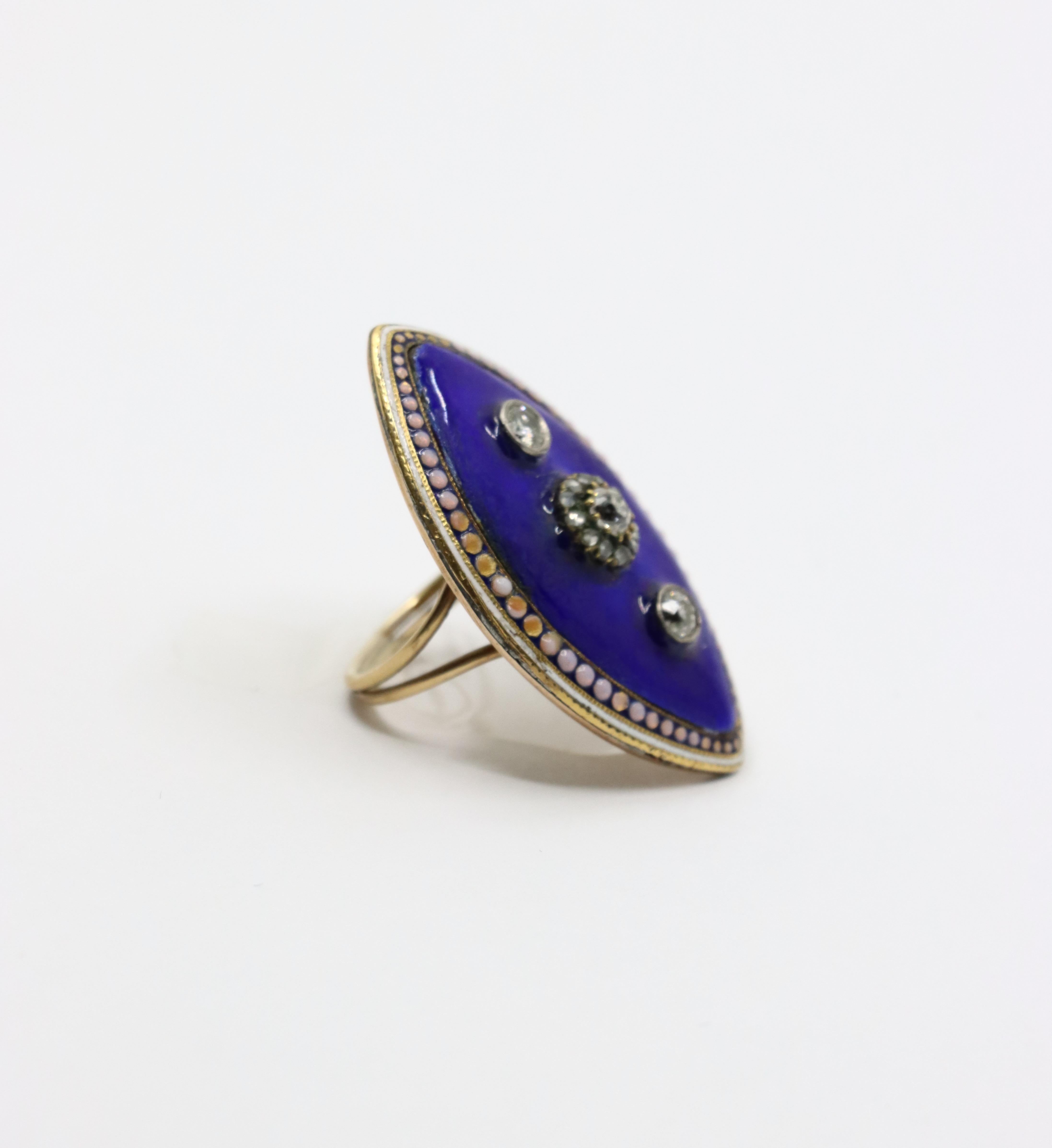 Georgian 18K  Gold Blue Enamel Diamond Ring In Good Condition For Sale In Flushing, NY
