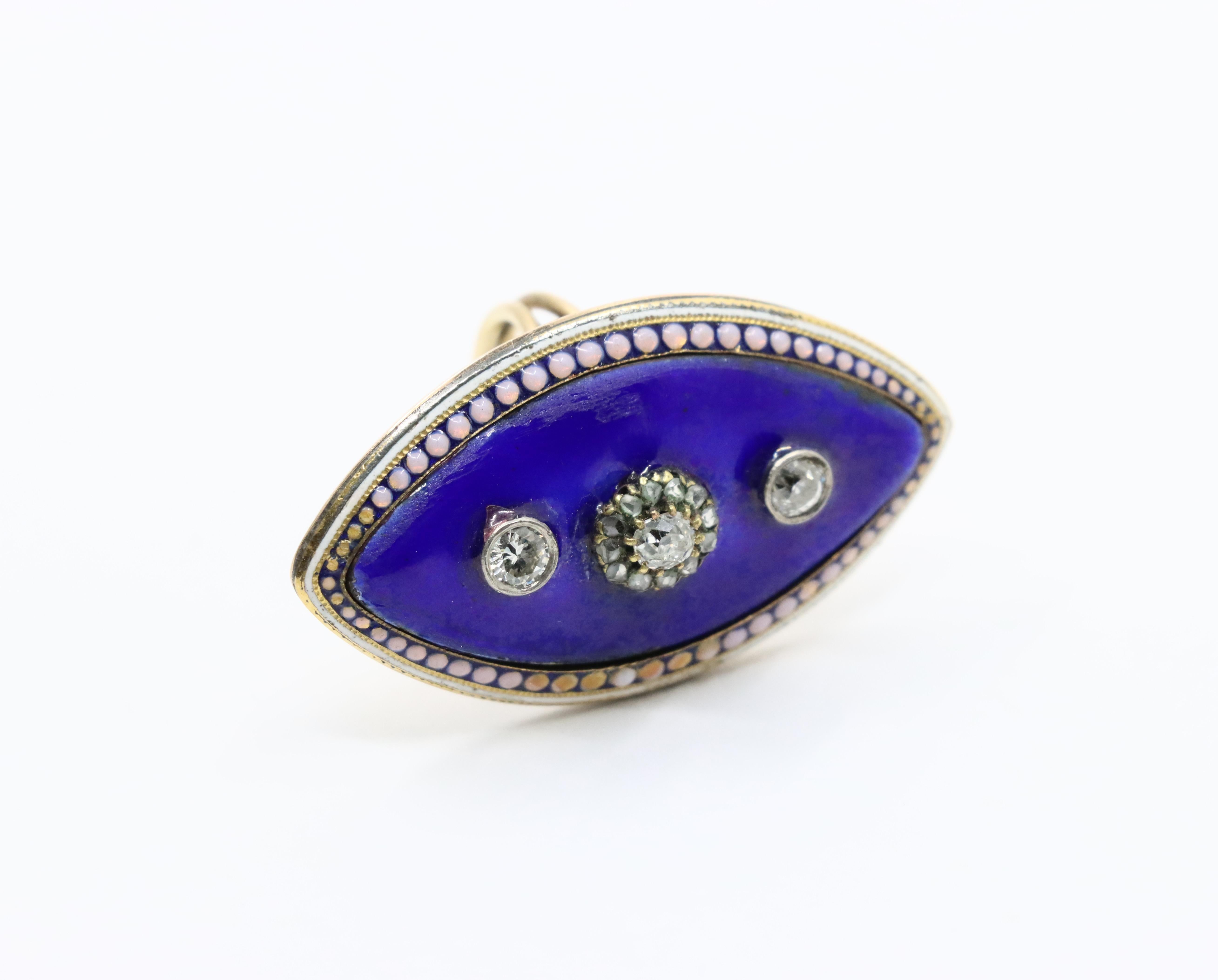 Georgian 18K  Gold Blue Enamel Diamond Ring For Sale 3