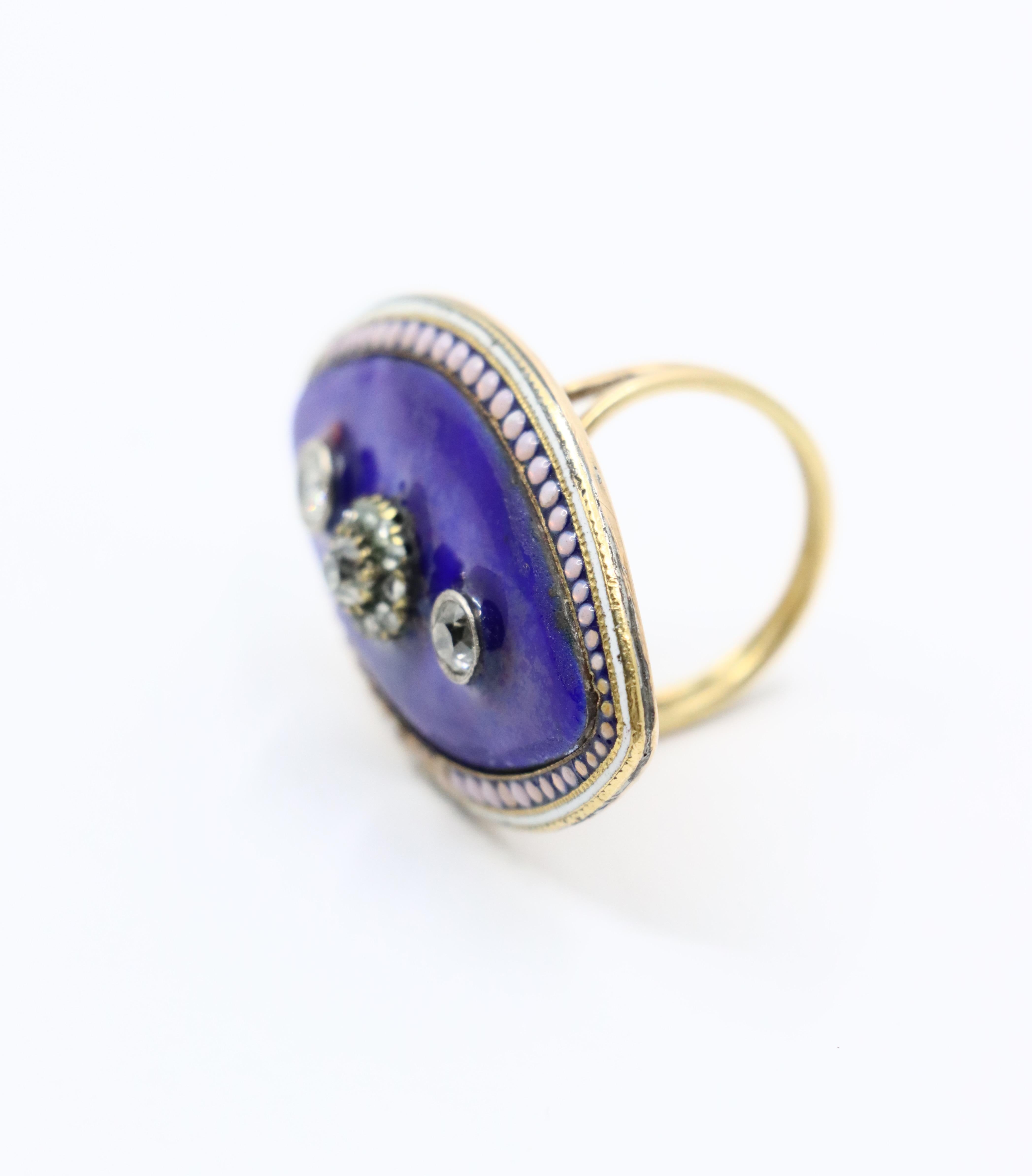 Georgian 18K  Gold Blue Enamel Diamond Ring For Sale 4