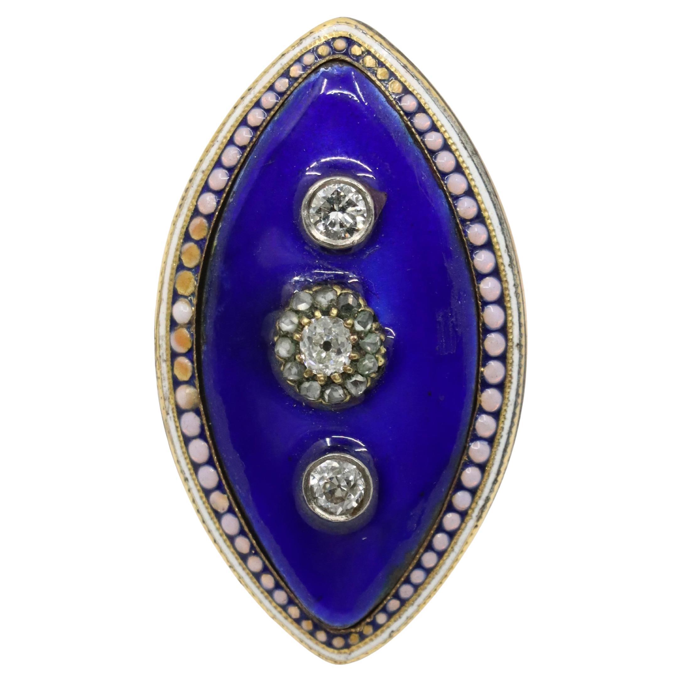 Georgian 18K  Gold Blue Enamel Diamond Ring