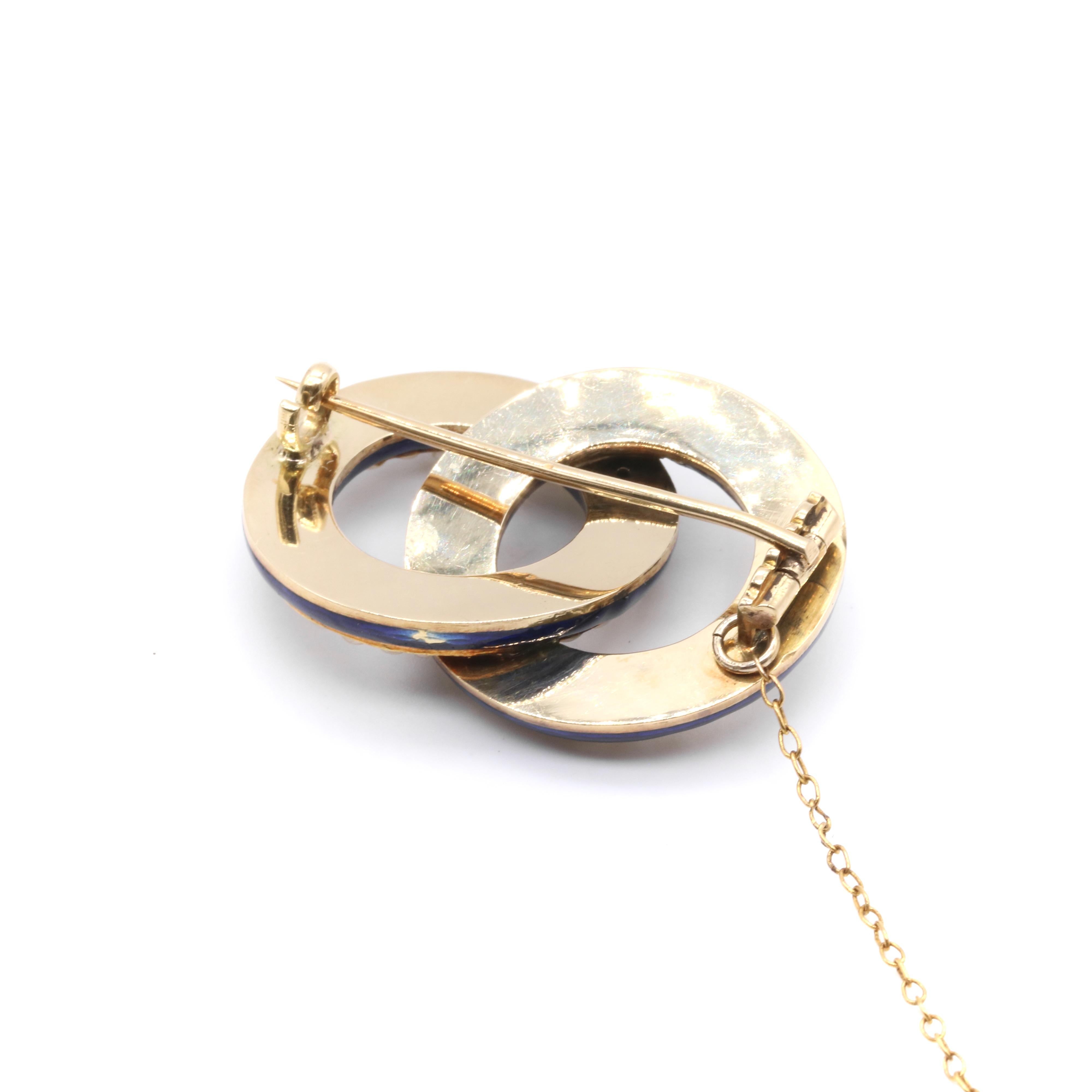 Georgian 18K Gold Seed Pearl & Cobalt Blue Enamel Interlocked Rings Brooch For Sale 5